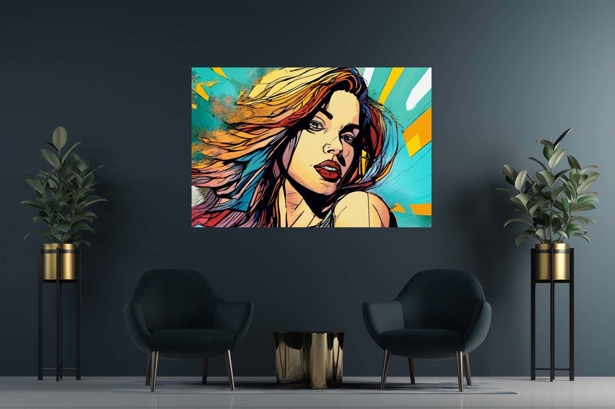 Crimson gaze amid chroma storm: Bold makeup art with avant-garde makeup, in a room with artistic style, digital art pieces, and interior decorations. The art can be printed on poster, framed poster, canvas, metal, acrylic or wood, exclusively at WallArtZen. Find this exact print at https://wallartzen.com/waz30