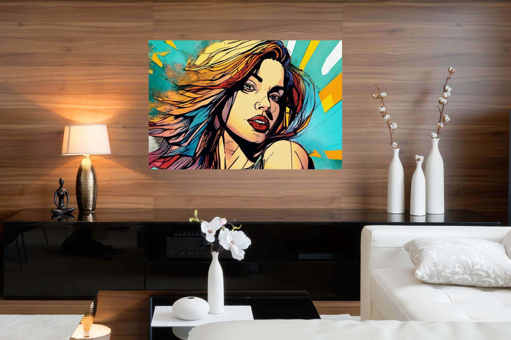 Crimson gaze amid chroma storm: Bold makeup art with dramatic cosmetic creations, in a room with artistic style, wall art, and trendy home accents. The art can be printed on poster, framed poster, canvas, metal, acrylic or wood, exclusively at WallArtZen. Find this exact print at https://wallartzen.com/waz30