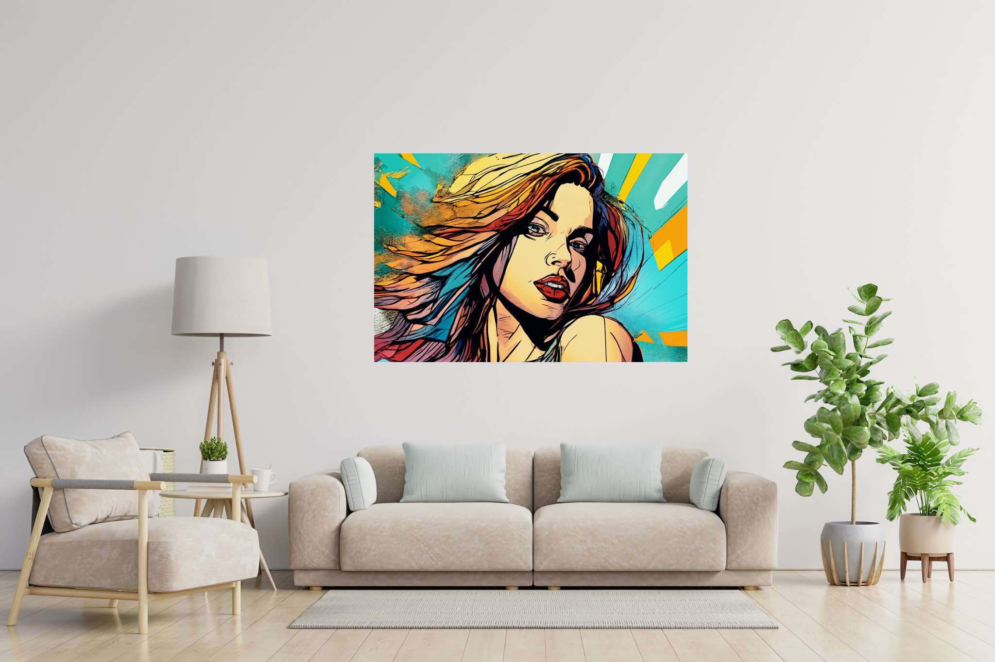 Crimson gaze amid chroma storm: Bold makeup art with avant-garde makeup, in a room with innovative layout, gallery-quality artwork, and artisan decor. The art can be printed on poster, framed poster, canvas, metal, acrylic or wood, exclusively at WallArtZen. Find this exact print at https://wallartzen.com/waz30