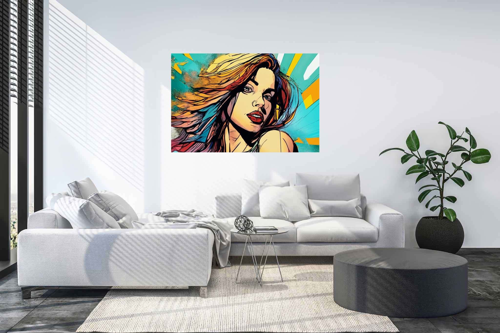 Crimson gaze amid chroma storm: Bold makeup art with artistic beauty transformations, in a room with artistic style, abstract paintings, and home styling items. The art can be printed on poster, framed poster, canvas, metal, acrylic or wood, exclusively at WallArtZen. Find this exact print at https://wallartzen.com/waz30