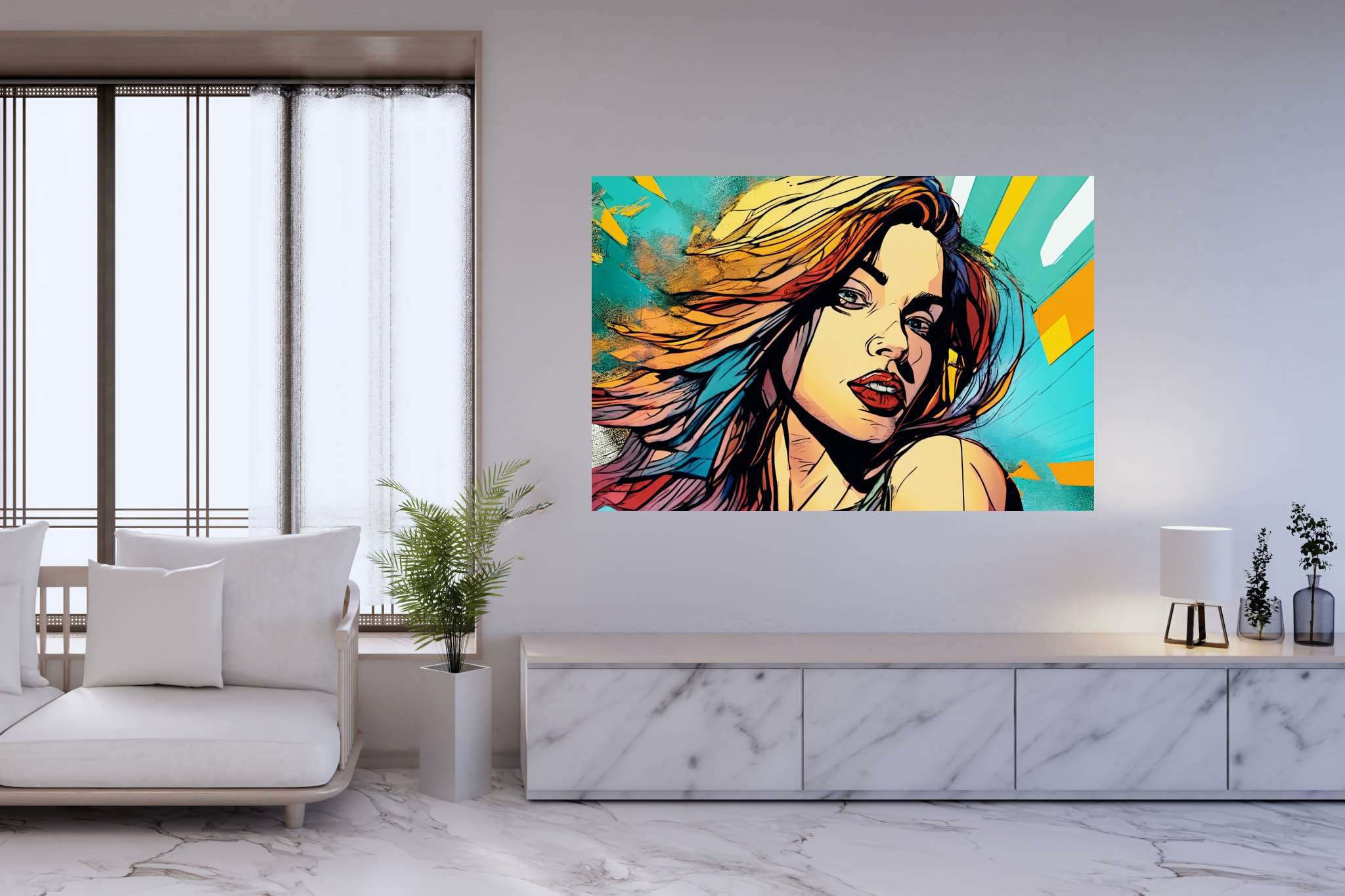 Crimson gaze amid chroma storm: Bold makeup art with pop art, in a room with minimalist approach, framed art, and artisan decor. The art can be printed on poster, framed poster, canvas, metal, acrylic or wood, exclusively at WallArtZen. Find this exact print at https://wallartzen.com/waz30
