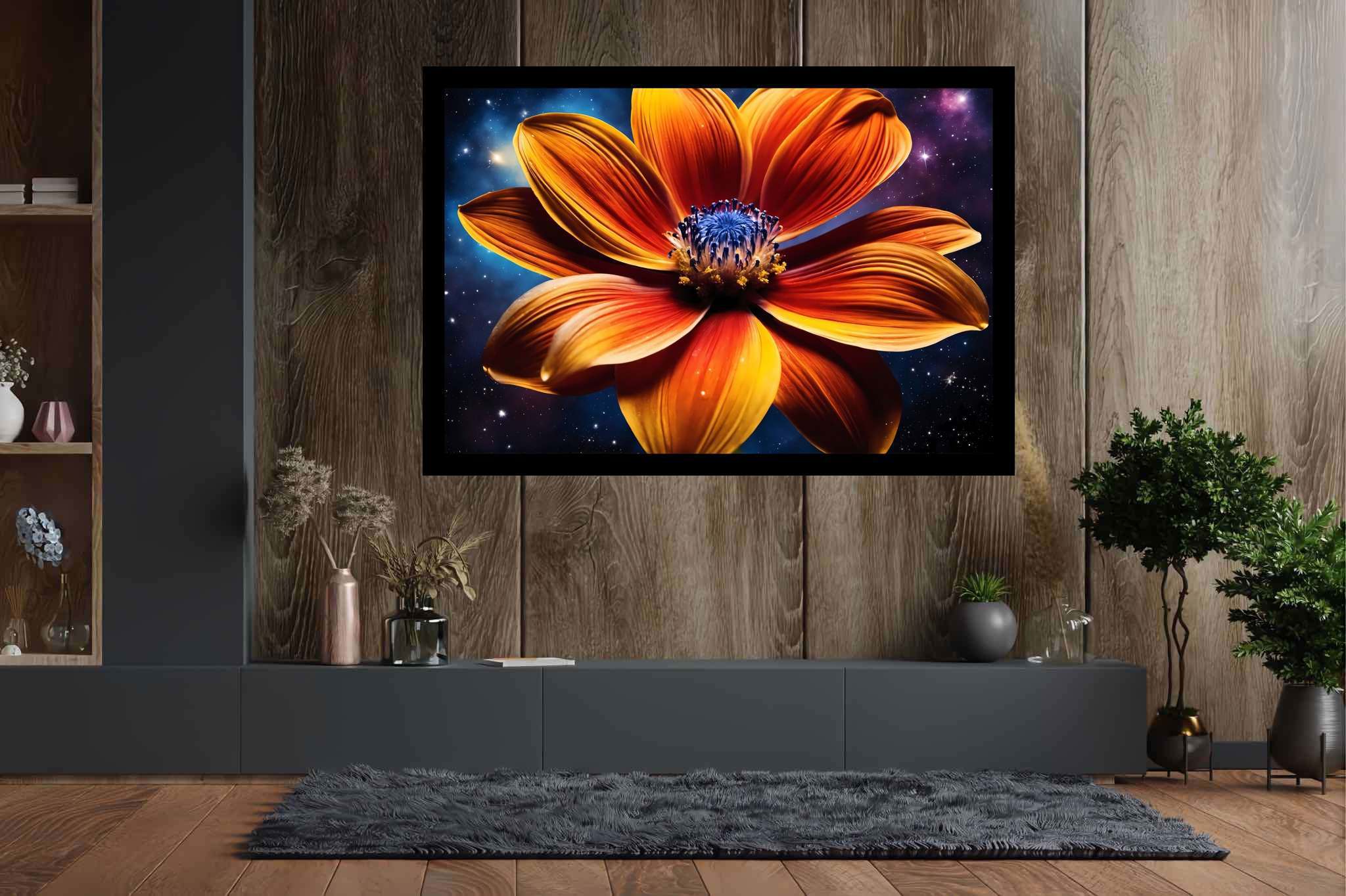 Stardust blossom blaze: Vibrant flower art with vivid flower illustrations, in a room with minimalist approach, wall hangings, and trendy home accents. The art can be printed on poster, framed poster, canvas, metal, acrylic or wood, exclusively at WallArtZen. Find this exact print at https://wallartzen.com/waz310