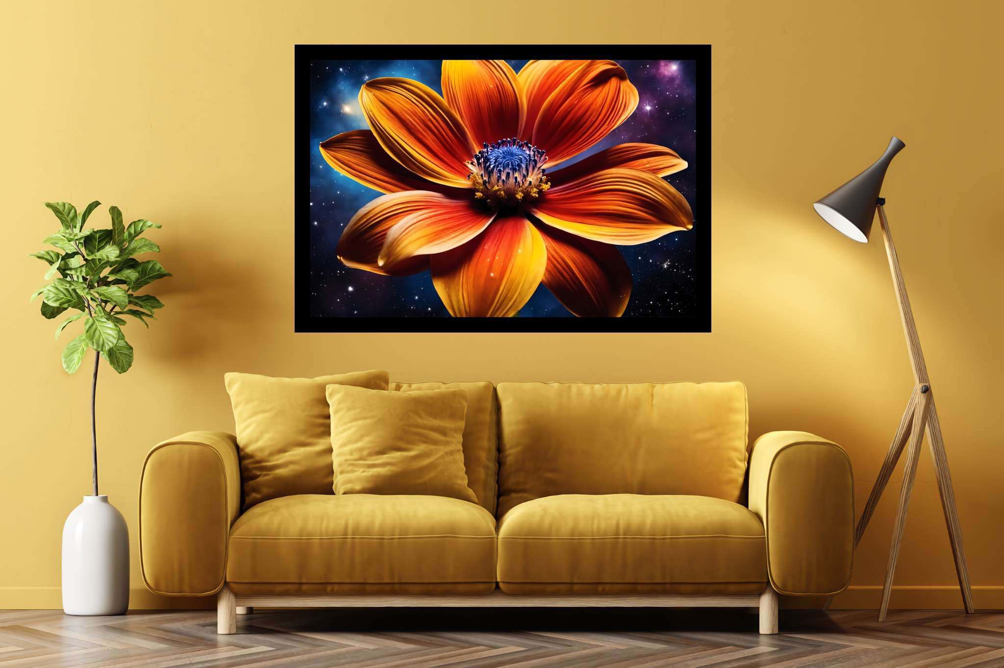 Stardust blossom blaze: Vibrant flower art with colorful floral paintings, in a room with urban design, fine art prints, and interior decorations. The art can be printed on poster, framed poster, canvas, metal, acrylic or wood, exclusively at WallArtZen. Find this exact print at https://wallartzen.com/waz310