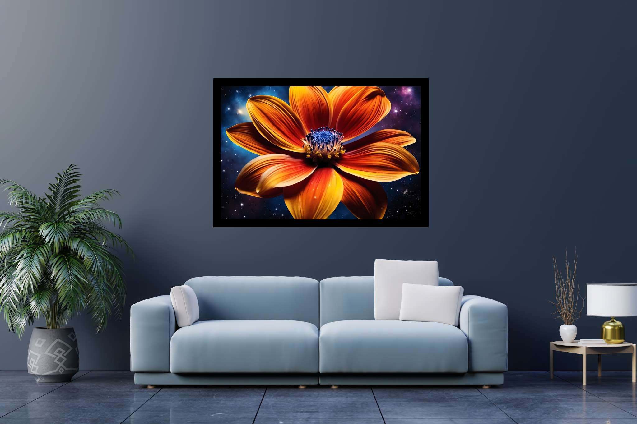 Stardust blossom blaze: Vibrant flower art with vibrant floral patterns, in a room with minimalist approach, photographic wall art, and home furnishings. The art can be printed on poster, framed poster, canvas, metal, acrylic or wood, exclusively at WallArtZen. Find this exact print at https://wallartzen.com/waz310