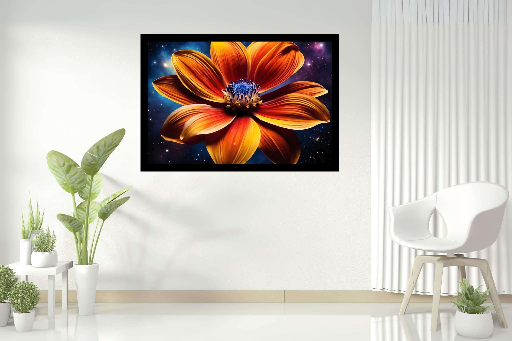Stardust blossom blaze: Vibrant flower art with vibrant floral designs, in a room with great design, abstract paintings, and elegant home goods. The art can be printed on poster, framed poster, canvas, metal, acrylic or wood, exclusively at WallArtZen. Find this exact print at https://wallartzen.com/waz310