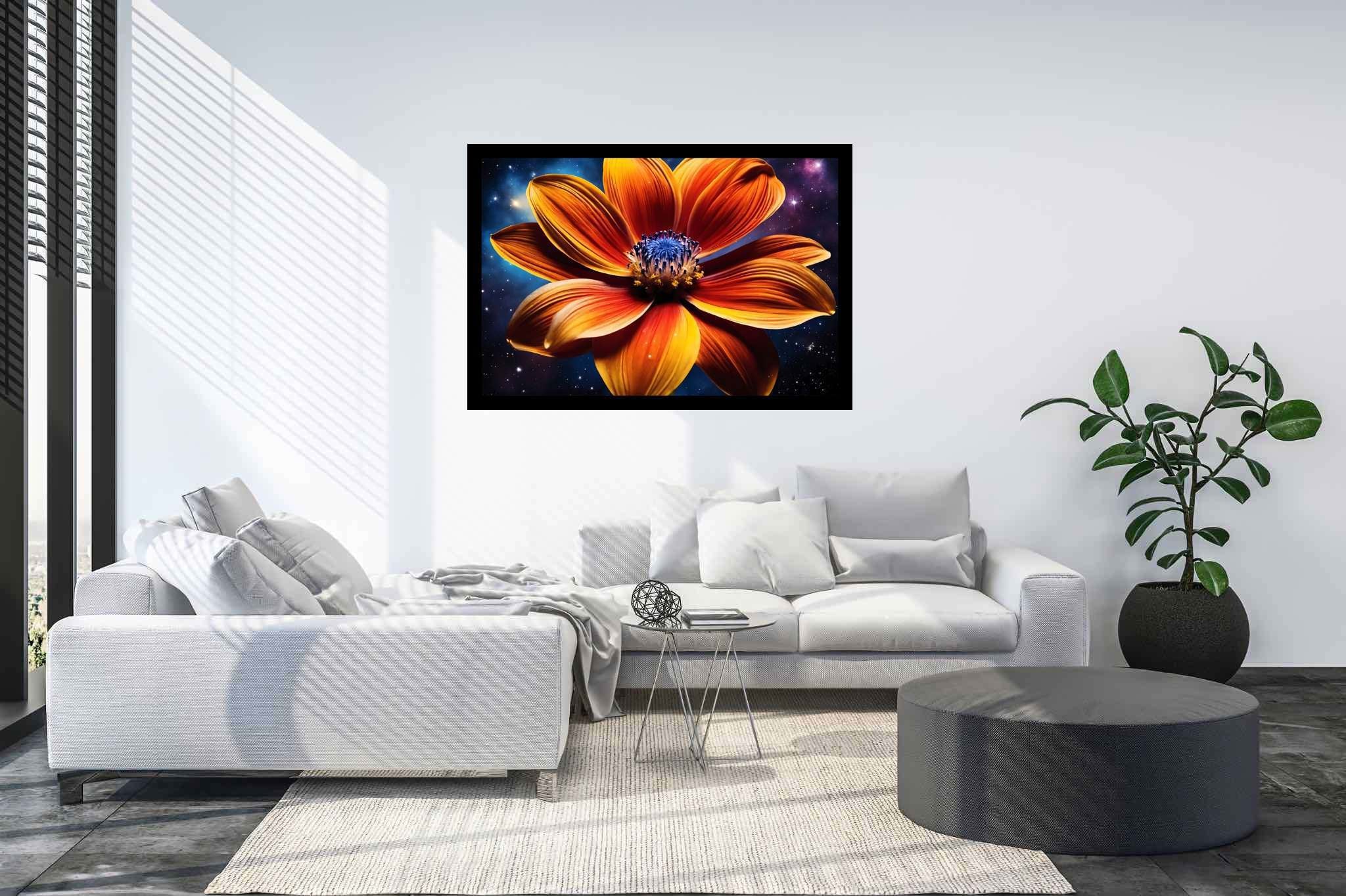 Stardust blossom blaze: Vibrant flower art with colorful floral paintings, in a room with great design, fine art prints, and stylish accessories. The art can be printed on poster, framed poster, canvas, metal, acrylic or wood, exclusively at WallArtZen. Find this exact print at https://wallartzen.com/waz310