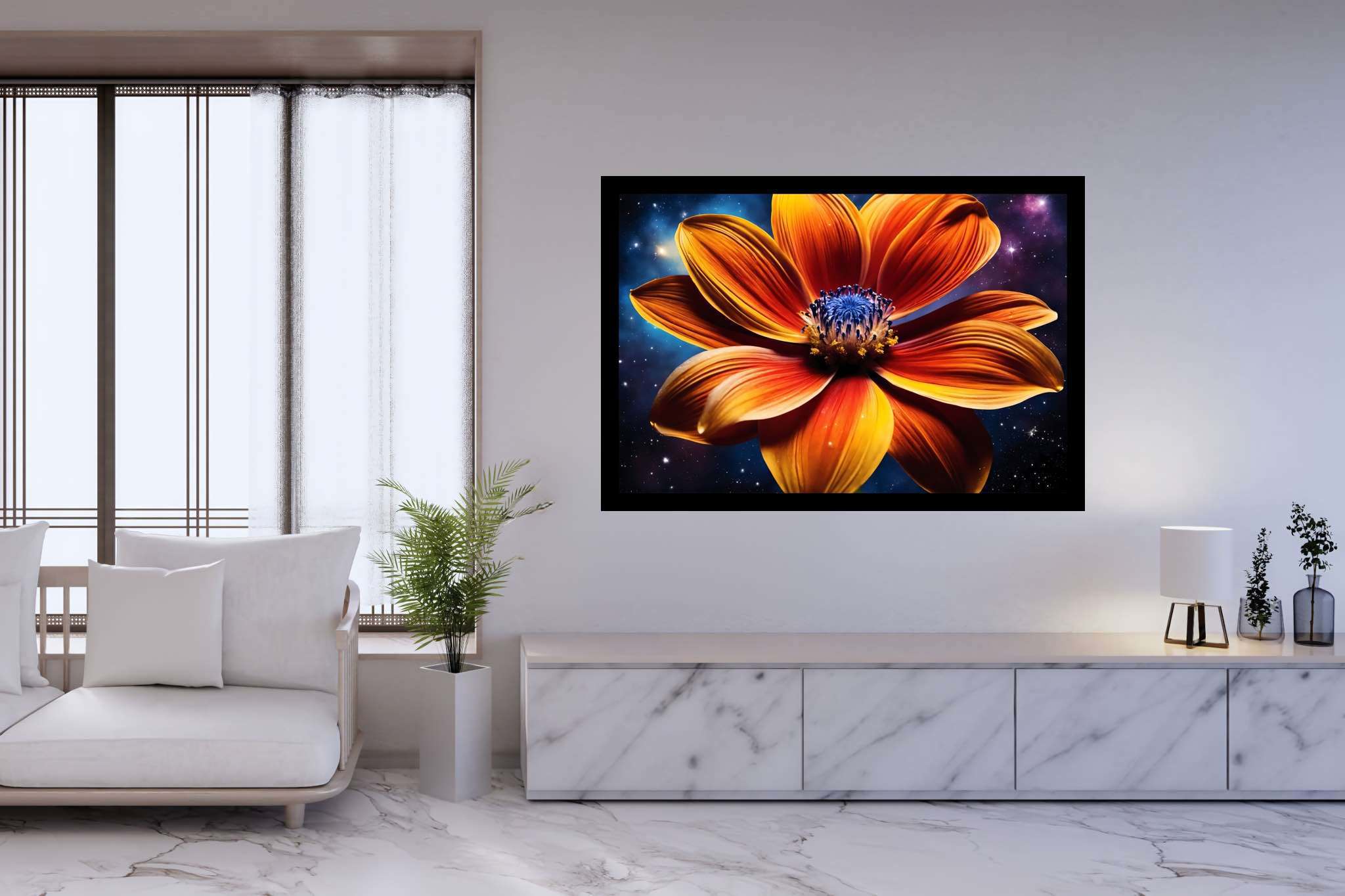 Stardust blossom blaze: Vibrant flower art with vibrant garden artwork, in a room with great design, wall art, and artisan decor. The art can be printed on poster, framed poster, canvas, metal, acrylic or wood, exclusively at WallArtZen. Find this exact print at https://wallartzen.com/waz310