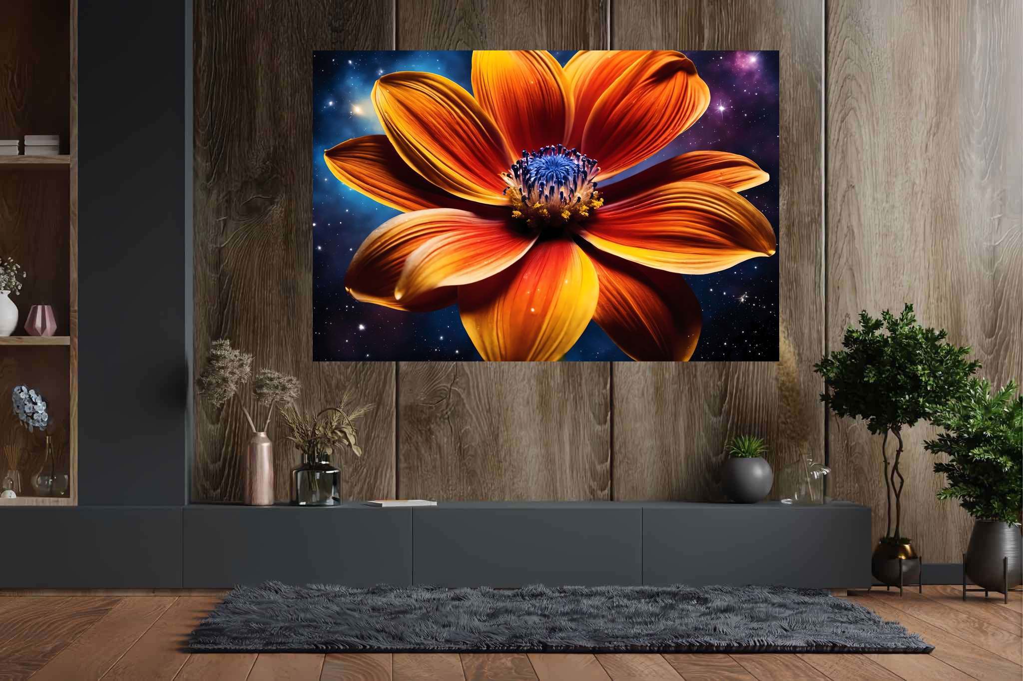 Stardust blossom blaze: Vibrant flower art with vibrant flower portraits, in a room with chic decor, fine art prints, and home furnishings. The art can be printed on poster, framed poster, canvas, metal, acrylic or wood, exclusively at WallArtZen. Find this exact print at https://wallartzen.com/waz310