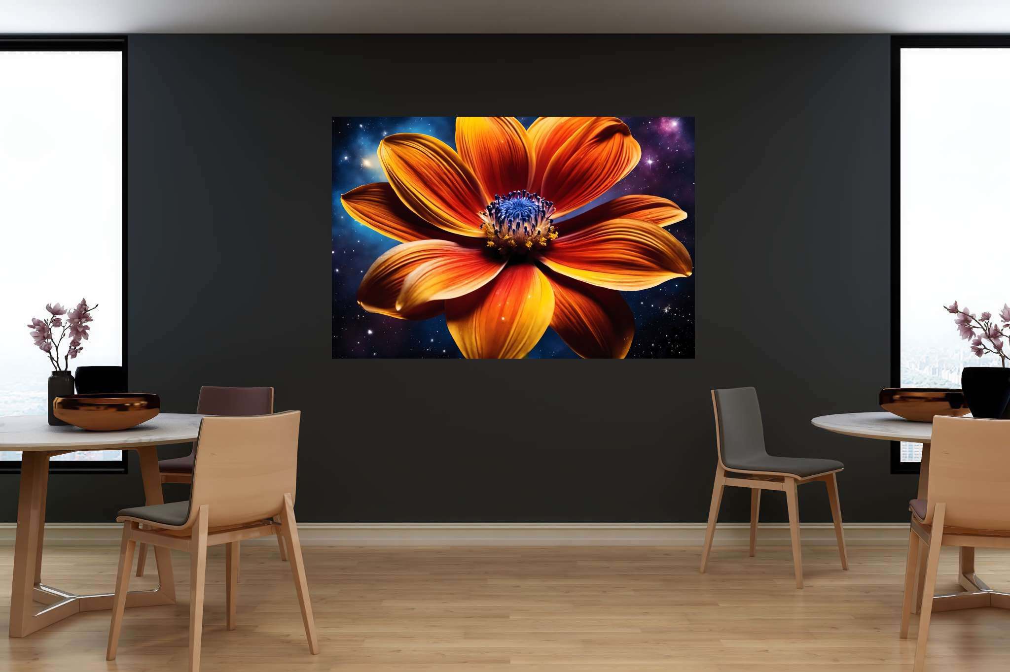 Stardust blossom blaze: Vibrant flower art with vibrant flower portraits, in a room with contemporary flair, wall hangings, and elegant home goods. The art can be printed on poster, framed poster, canvas, metal, acrylic or wood, exclusively at WallArtZen. Find this exact print at https://wallartzen.com/waz310