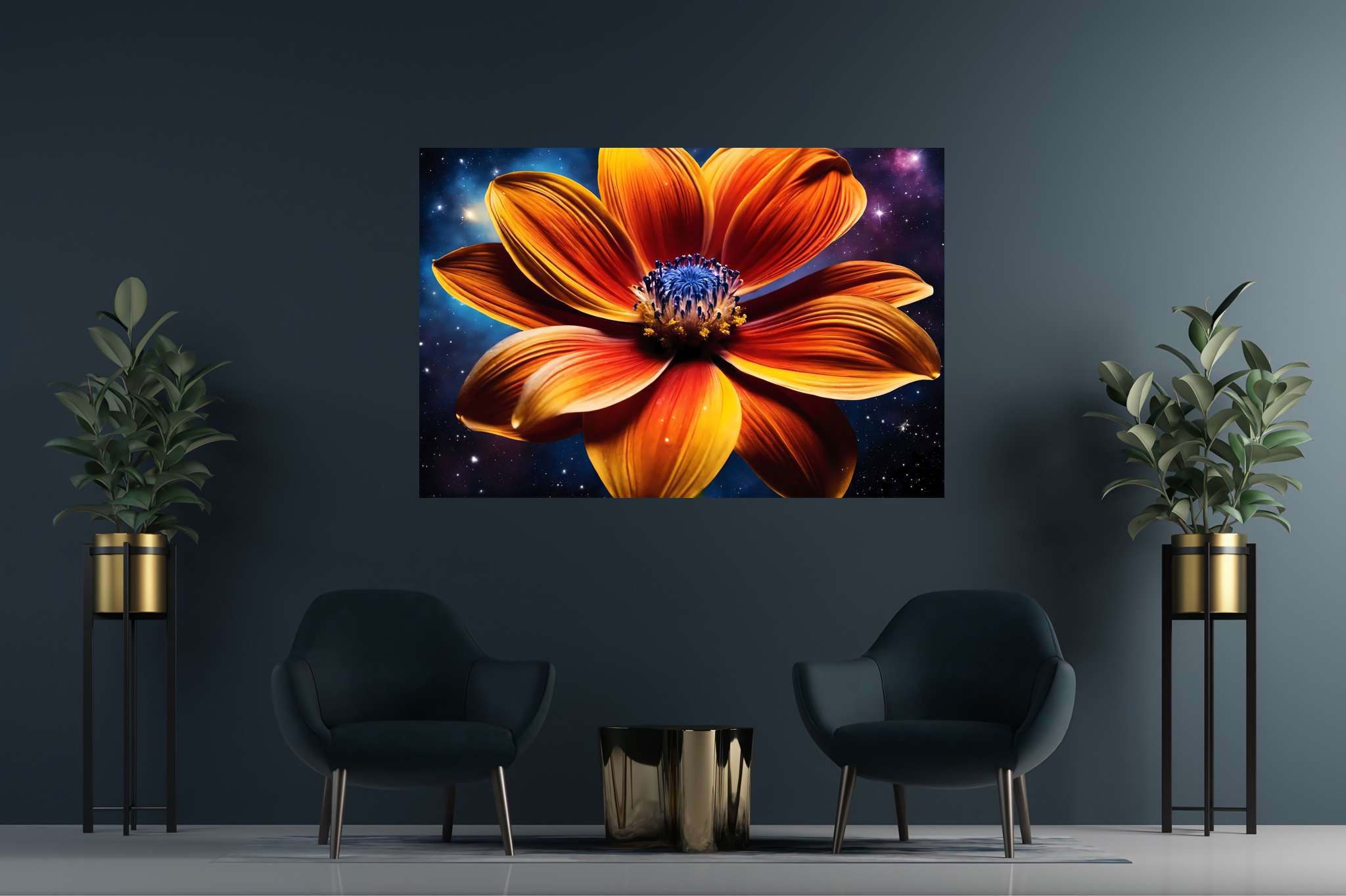 Stardust blossom blaze: Vibrant flower art with vibrant flower arrangements, in a room with modern style, fine art prints, and luxe decor. The art can be printed on poster, framed poster, canvas, metal, acrylic or wood, exclusively at WallArtZen. Find this exact print at https://wallartzen.com/waz310