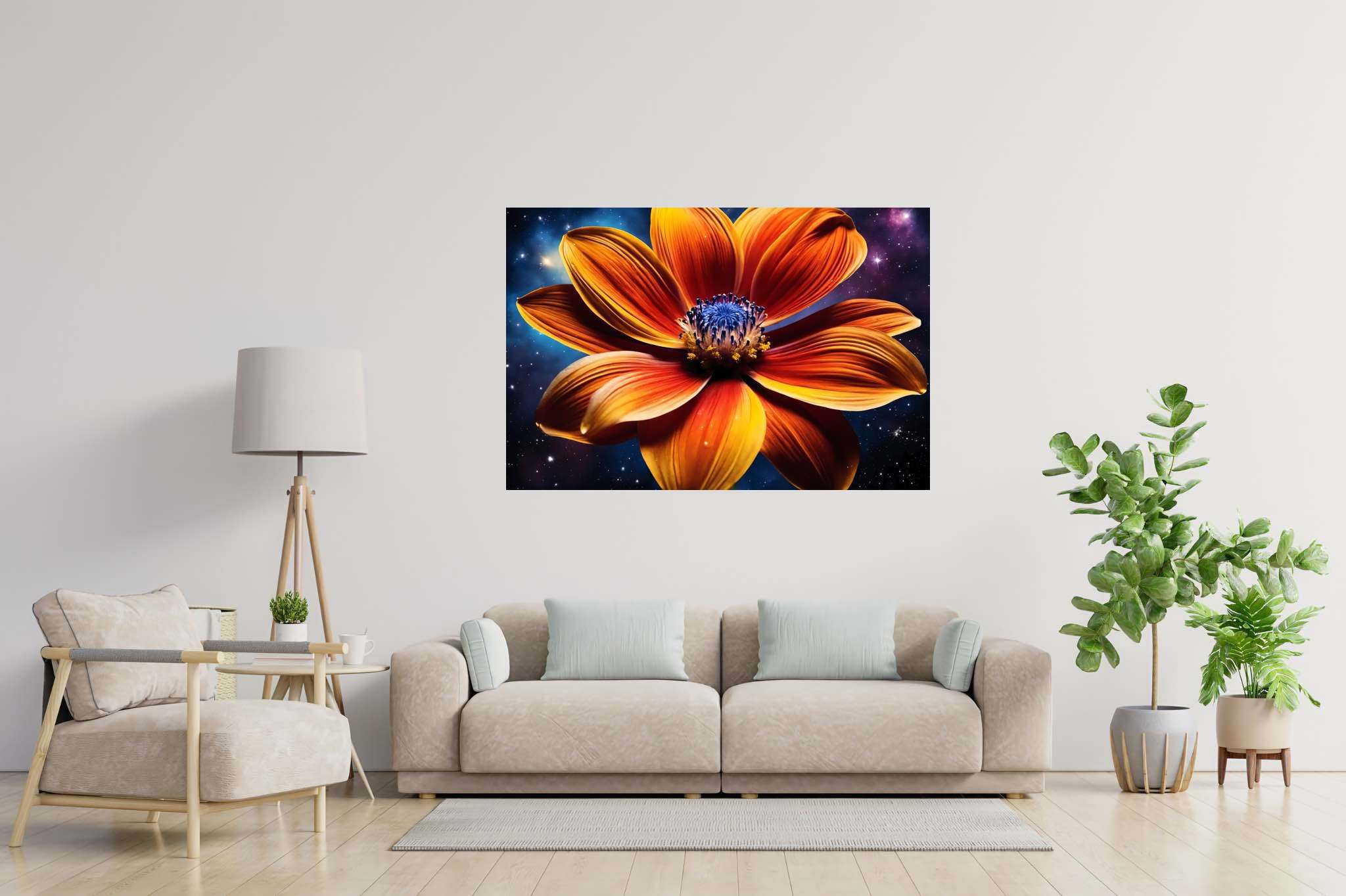 Stardust blossom blaze: Vibrant flower art with vibrant floral designs, in a room with modern style, photographic wall art, and elegant home goods. The art can be printed on poster, framed poster, canvas, metal, acrylic or wood, exclusively at WallArtZen. Find this exact print at https://wallartzen.com/waz310