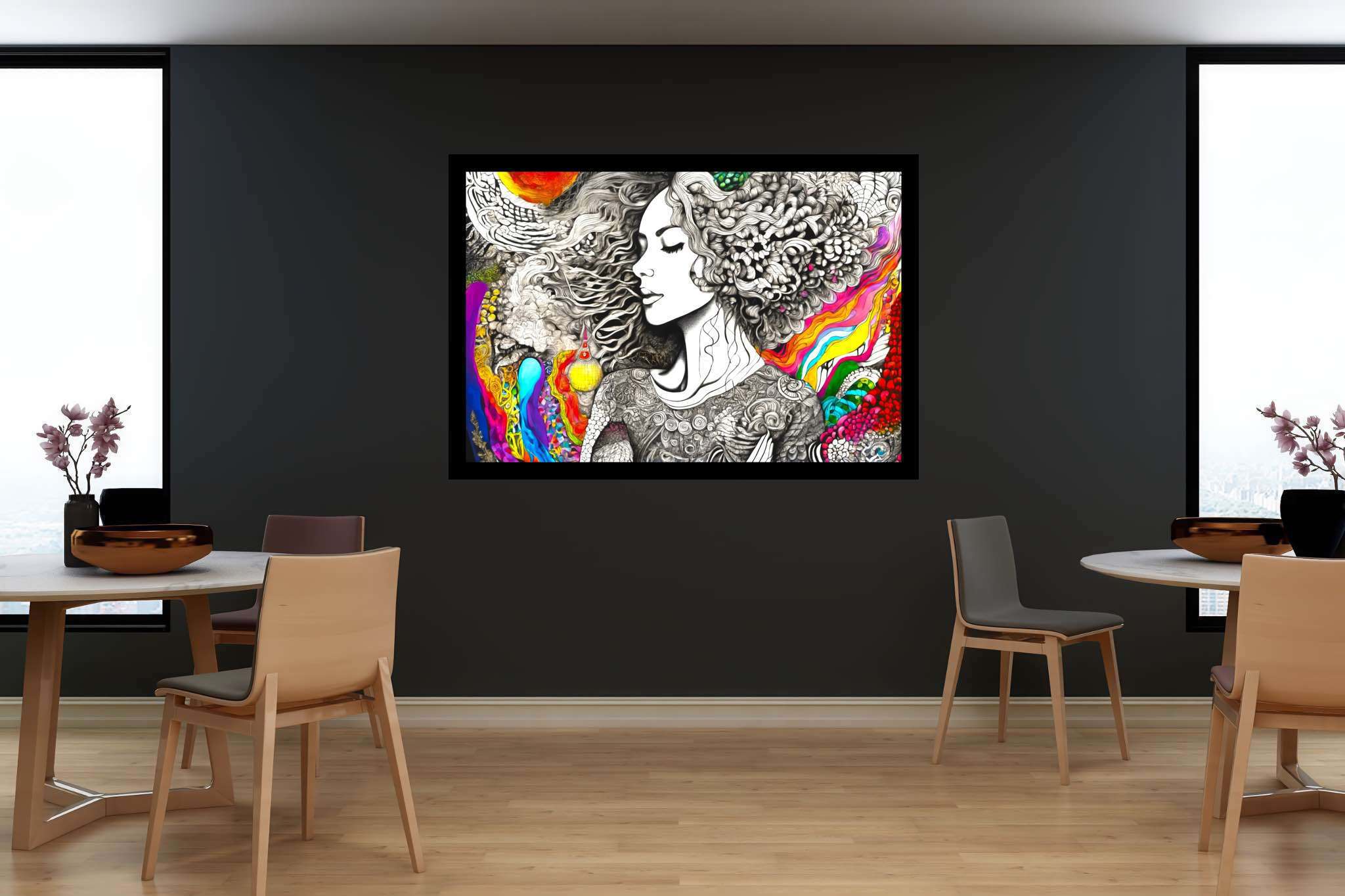 Tresses of reverie: Curly-haired woman art with curly-haired woman art, in a room with elegant layout, fine art prints, and interior decorations. The art can be printed on poster, framed poster, canvas, metal, acrylic or wood, exclusively at WallArtZen. Find this exact print at https://wallartzen.com/waz311