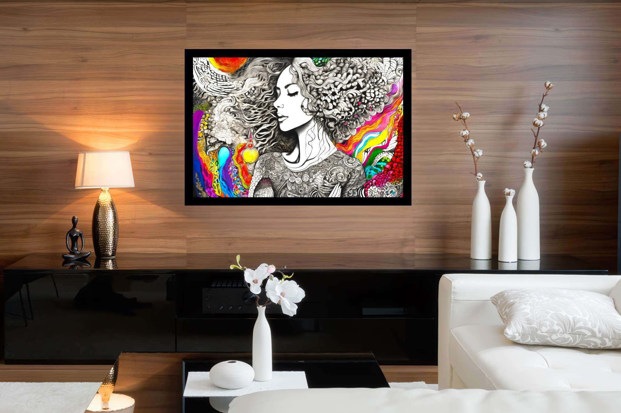 Tresses of reverie: Curly-haired woman art with portrait, in a room with great design, abstract paintings, and stylish accessories. The art can be printed on poster, framed poster, canvas, metal, acrylic or wood, exclusively at WallArtZen. Find this exact print at https://wallartzen.com/waz311
