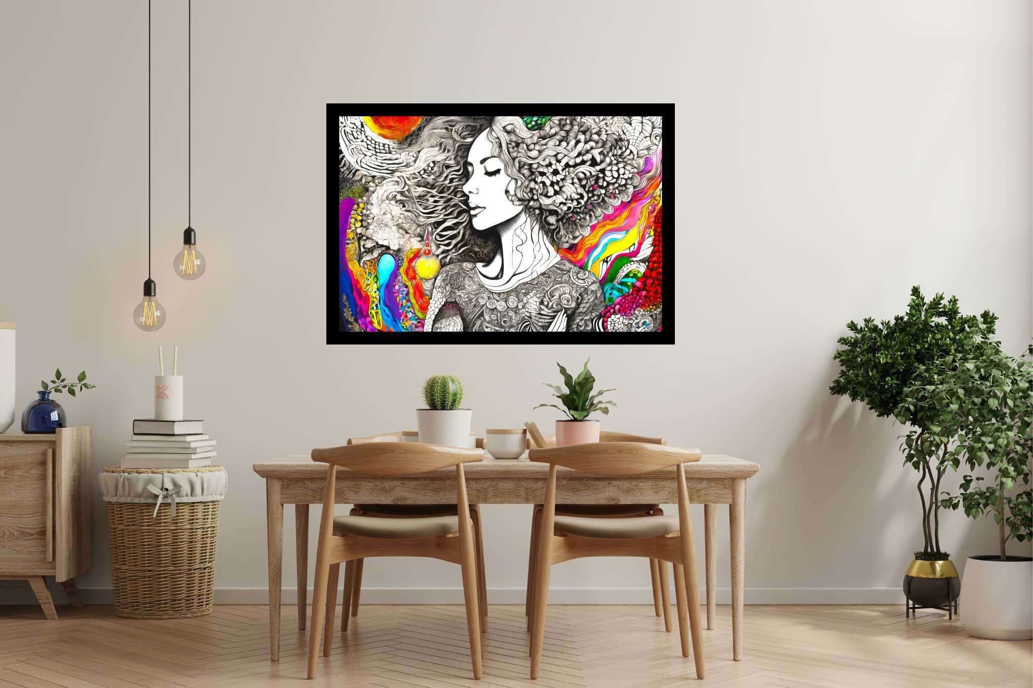 Tresses of reverie: Curly-haired woman art with illustration, in a room with artistic style, fine art prints, and home styling items. The art can be printed on poster, framed poster, canvas, metal, acrylic or wood, exclusively at WallArtZen. Find this exact print at https://wallartzen.com/waz311