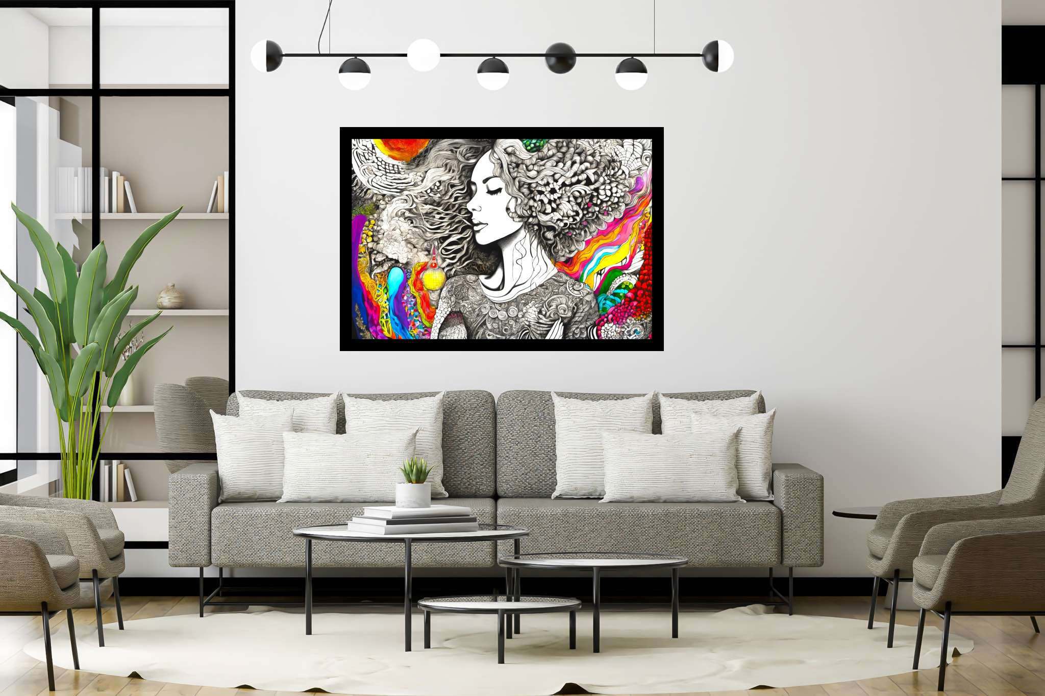 Tresses of reverie: Curly-haired woman art with female, in a room with elegant layout, fine art prints, and home furnishings. The art can be printed on poster, framed poster, canvas, metal, acrylic or wood, exclusively at WallArtZen. Find this exact print at https://wallartzen.com/waz311