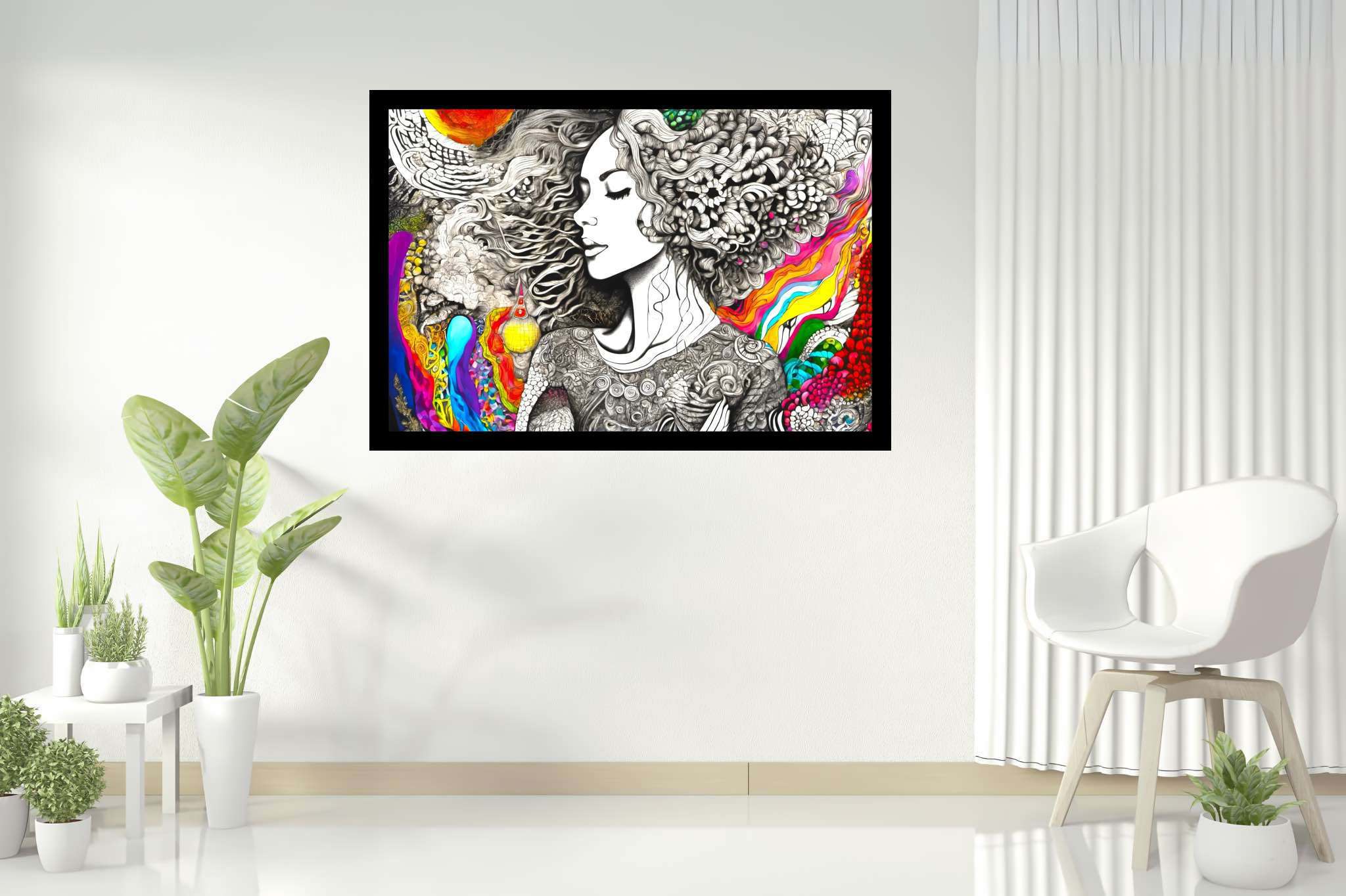 Tresses of reverie: Curly-haired woman art with illustration, in a room with innovative layout, gallery-quality artwork, and interior decorations. The art can be printed on poster, framed poster, canvas, metal, acrylic or wood, exclusively at WallArtZen. Find this exact print at https://wallartzen.com/waz311