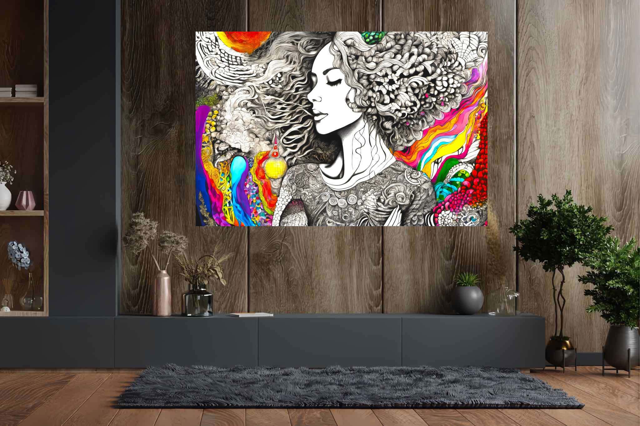 Tresses of reverie: Curly-haired woman art with artistic, in a room with urban design, photographic wall art, and stylish accessories. The art can be printed on poster, framed poster, canvas, metal, acrylic or wood, exclusively at WallArtZen. Find this exact print at https://wallartzen.com/waz311