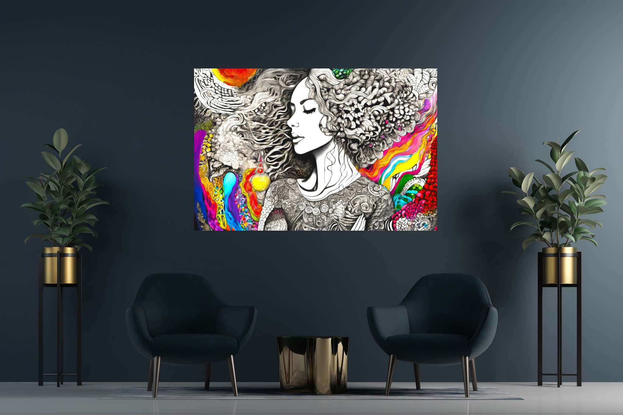 Tresses of reverie: Curly-haired woman art with illustration, in a room with contemporary flair, fine art prints, and stylish accessories. The art can be printed on poster, framed poster, canvas, metal, acrylic or wood, exclusively at WallArtZen. Find this exact print at https://wallartzen.com/waz311