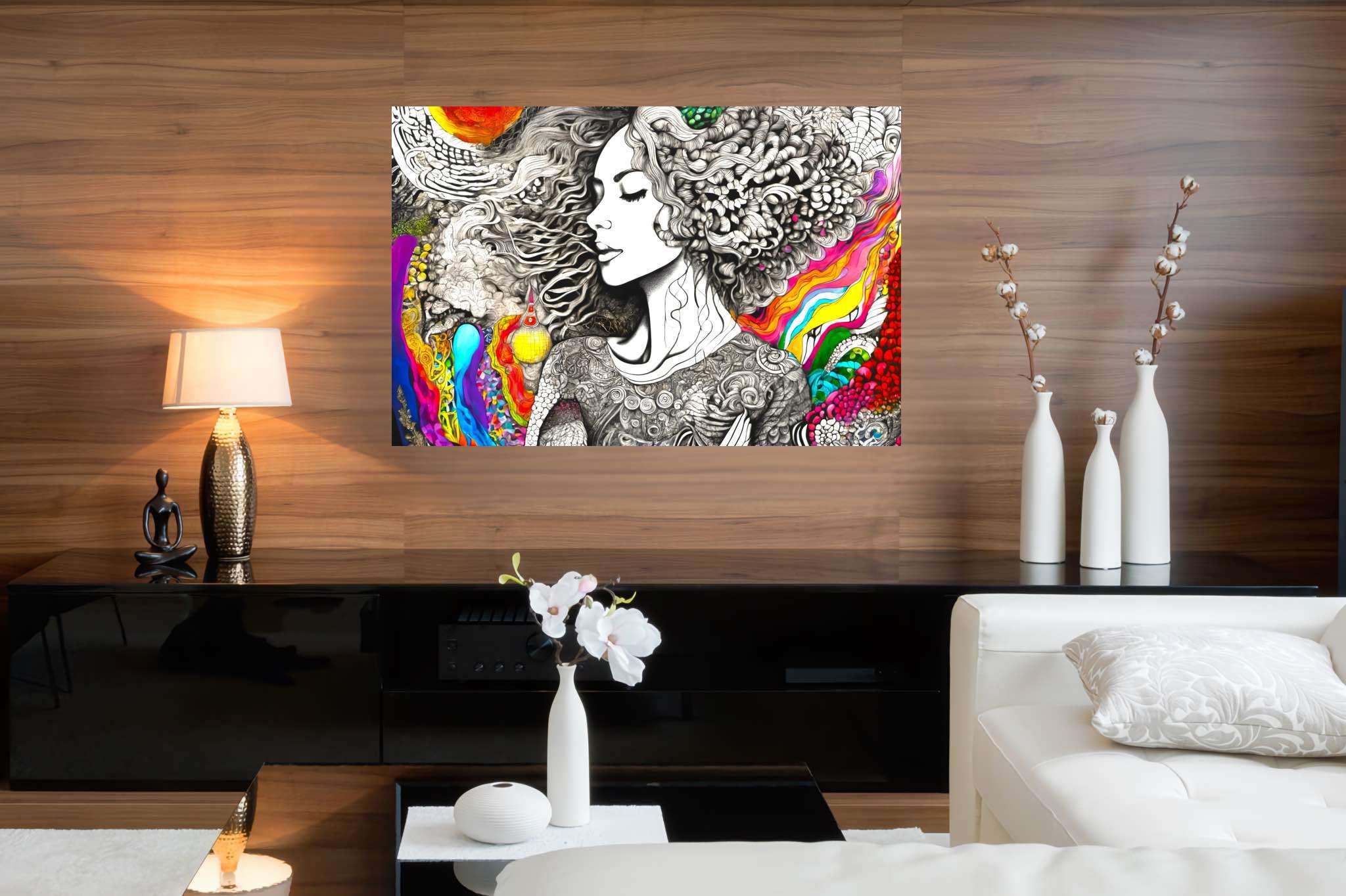 Tresses of reverie: Curly-haired woman art with artwork, in a room with contemporary flair, photographic wall art, and home styling items. The art can be printed on poster, framed poster, canvas, metal, acrylic or wood, exclusively at WallArtZen. Find this exact print at https://wallartzen.com/waz311