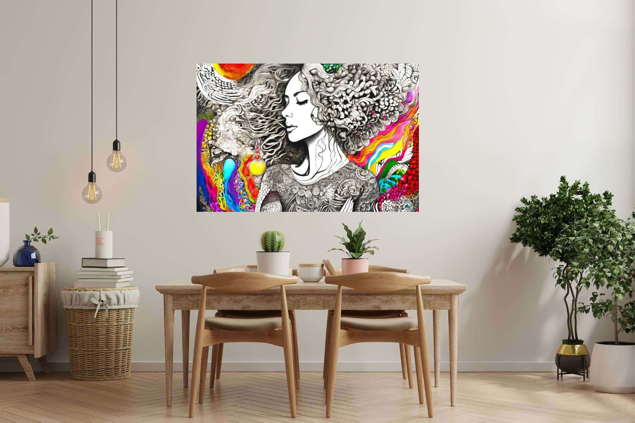 Tresses of reverie: Curly-haired woman art with curly hair, in a room with minimalist approach, mural artworks, and luxe decor. The art can be printed on poster, framed poster, canvas, metal, acrylic or wood, exclusively at WallArtZen. Find this exact print at https://wallartzen.com/waz311