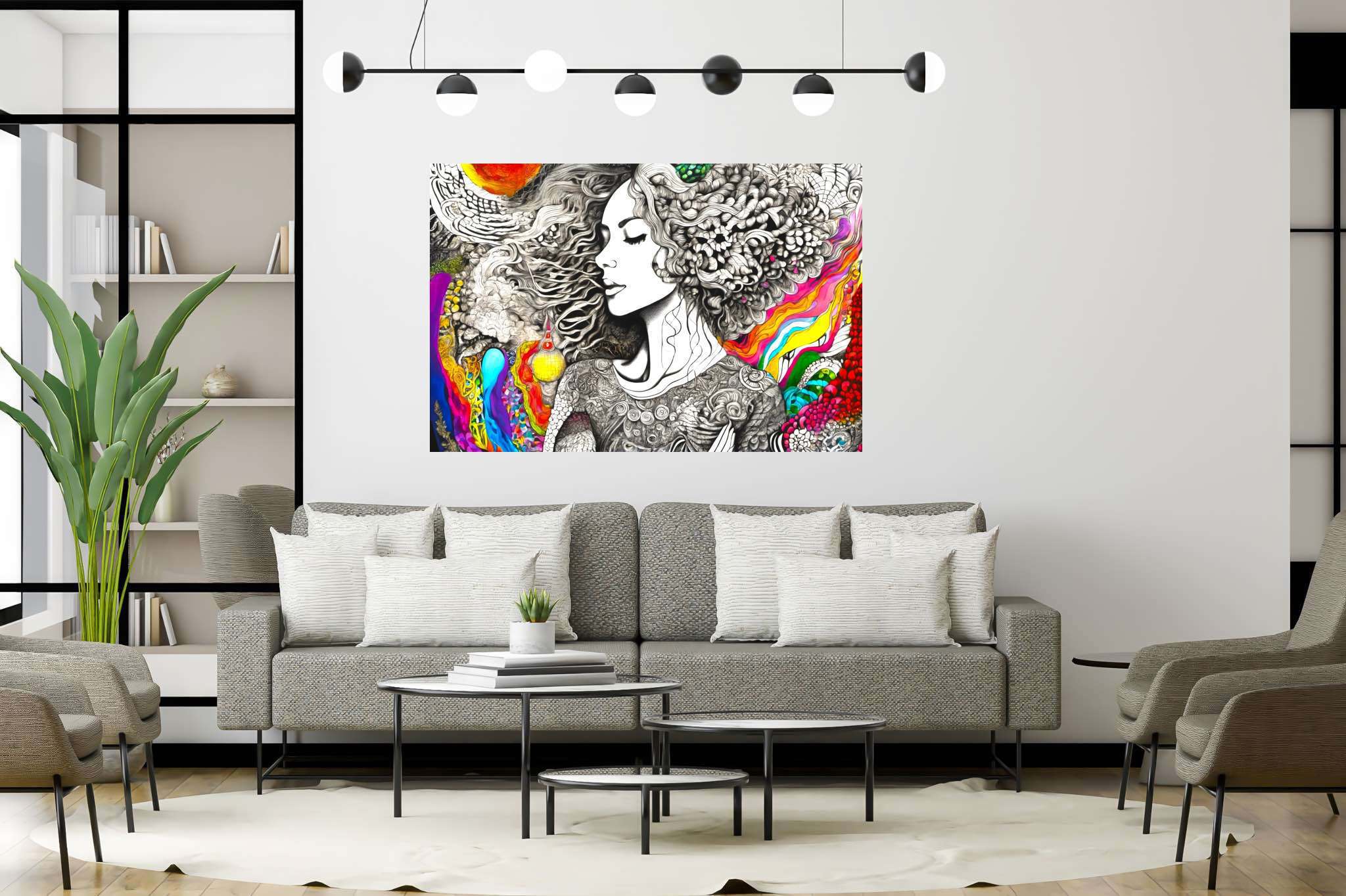 Tresses of reverie: Curly-haired woman art with beauty, in a room with urban design, fine art prints, and stylish accessories. The art can be printed on poster, framed poster, canvas, metal, acrylic or wood, exclusively at WallArtZen. Find this exact print at https://wallartzen.com/waz311