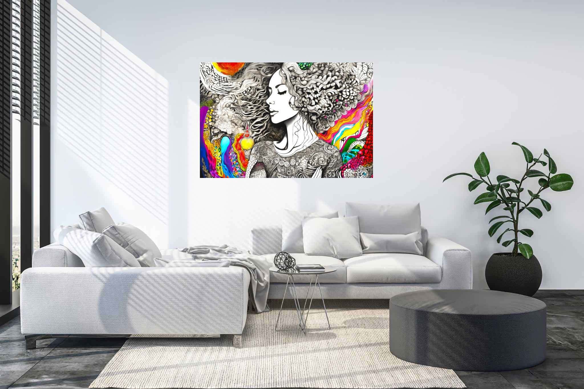 Tresses of reverie: Curly-haired woman art with curly-haired, in a room with innovative layout, digital art pieces, and luxe decor. The art can be printed on poster, framed poster, canvas, metal, acrylic or wood, exclusively at WallArtZen. Find this exact print at https://wallartzen.com/waz311
