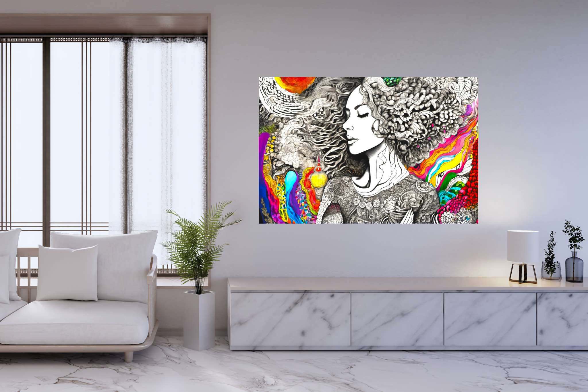 Tresses of reverie: Curly-haired woman art with female, in a room with innovative layout, digital art pieces, and decorative pieces. The art can be printed on poster, framed poster, canvas, metal, acrylic or wood, exclusively at WallArtZen. Find this exact print at https://wallartzen.com/waz311