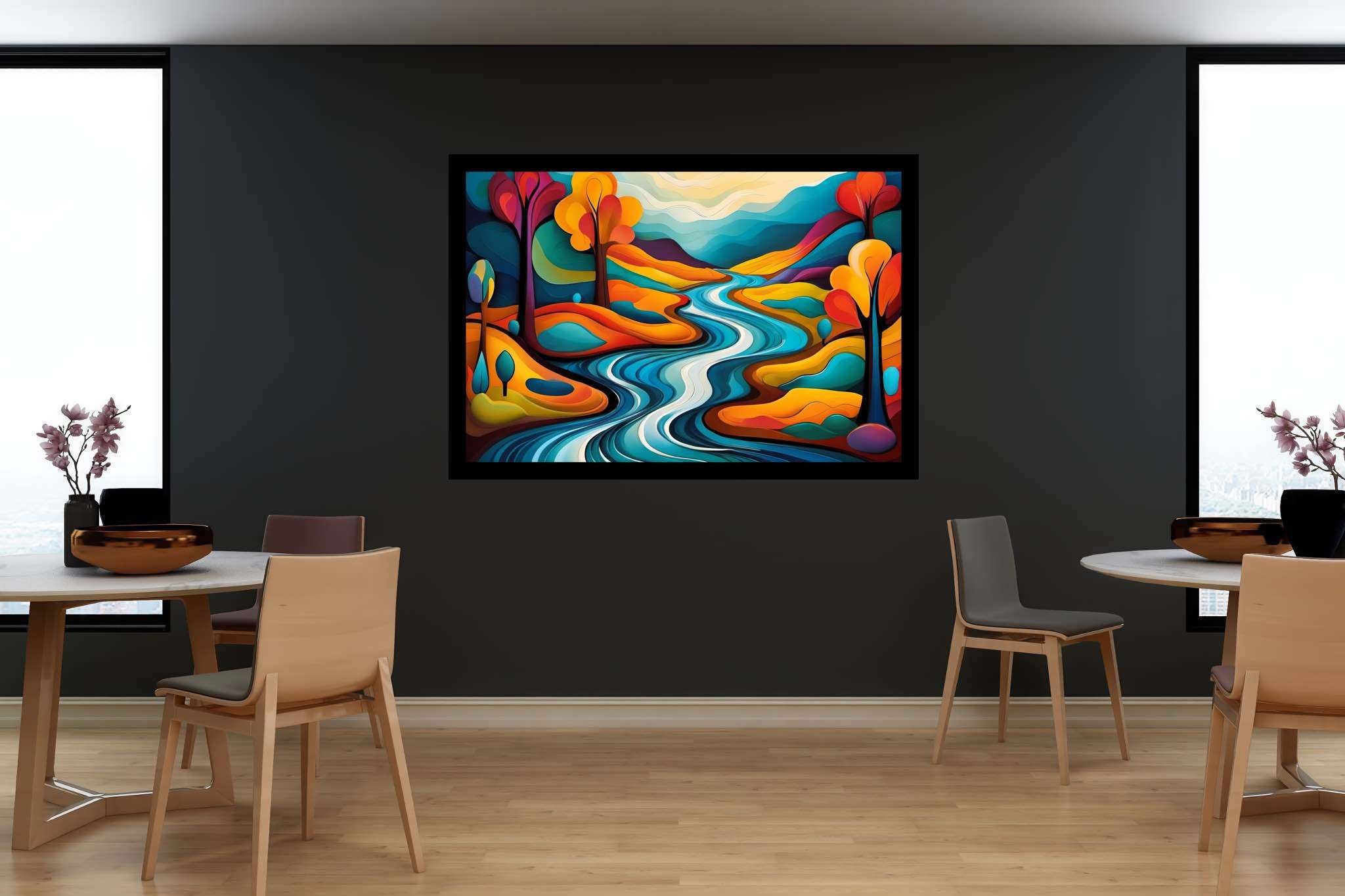 Serenity’s embrace: Scenery art with breathtaking vistas, in a room with innovative layout, digital art pieces, and home styling items. The art can be printed on poster, framed poster, canvas, metal, acrylic or wood, exclusively at WallArtZen. Find this exact print at https://wallartzen.com/waz312