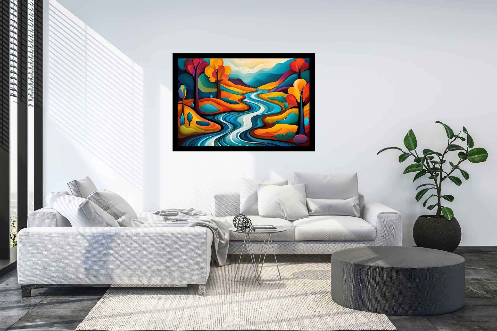 Serenity’s embrace: Scenery art with breathtaking vistas, in a room with contemporary flair, gallery-quality artwork, and elegant home goods. The art can be printed on poster, framed poster, canvas, metal, acrylic or wood, exclusively at WallArtZen. Find this exact print at https://wallartzen.com/waz312
