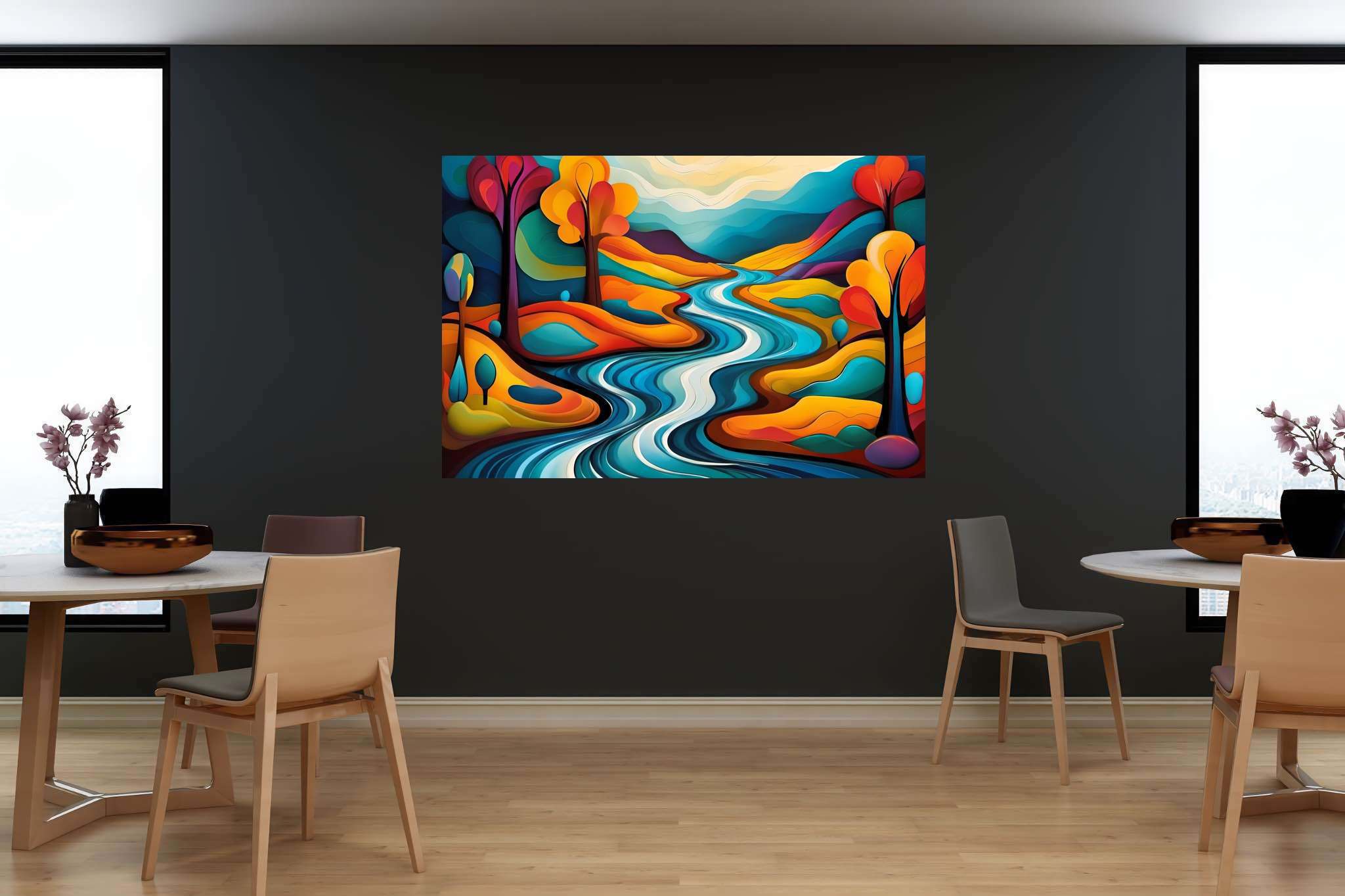 Serenity’s embrace: Scenery art with breathtaking vistas, in a room with modern style, canvas prints, and elegant home goods. The art can be printed on poster, framed poster, canvas, metal, acrylic or wood, exclusively at WallArtZen. Find this exact print at https://wallartzen.com/waz312