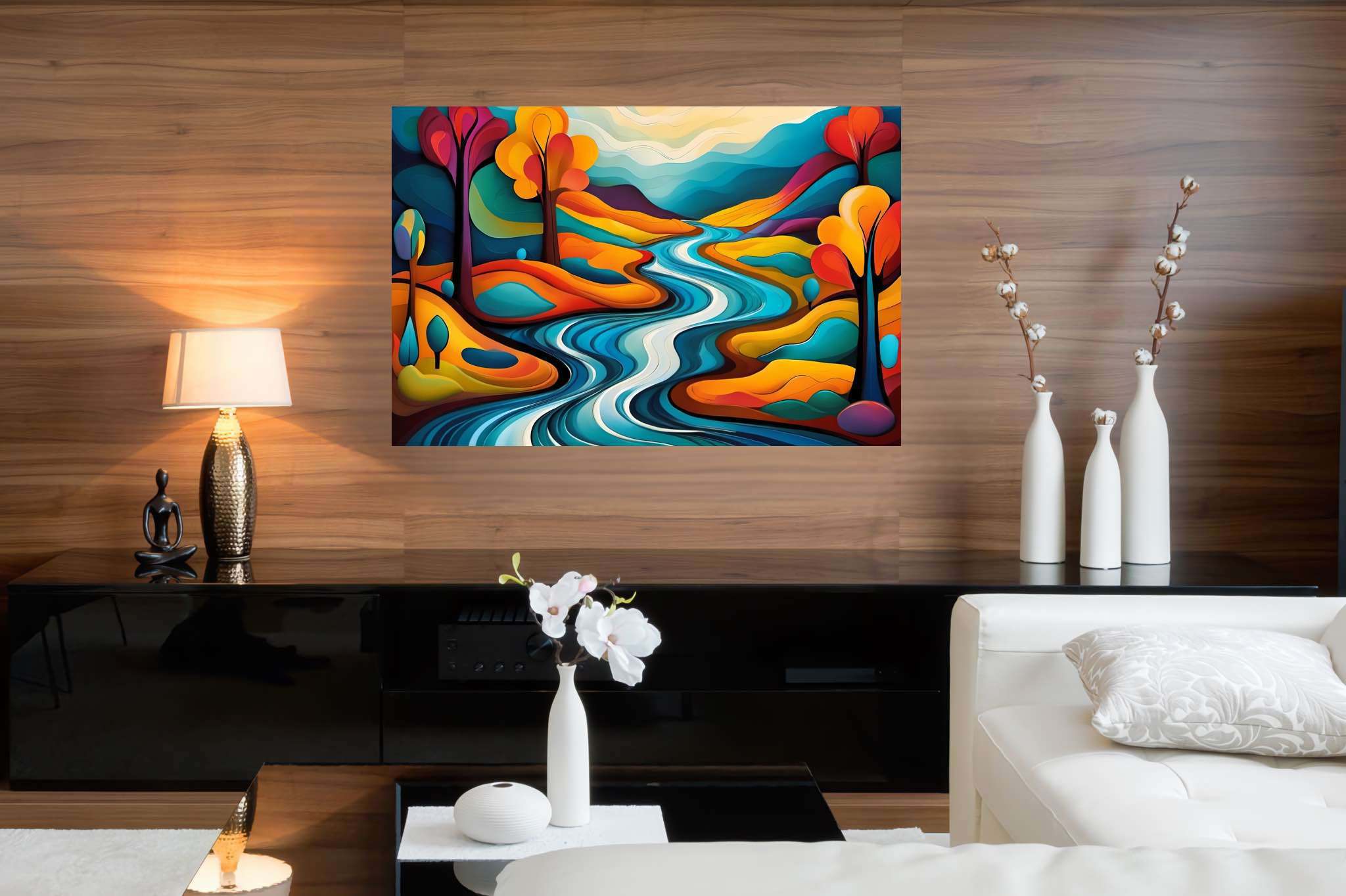 Serenity’s embrace: Scenery art with scenery art, in a room with artistic style, fine art prints, and artisan decor. The art can be printed on poster, framed poster, canvas, metal, acrylic or wood, exclusively at WallArtZen. Find this exact print at https://wallartzen.com/waz312