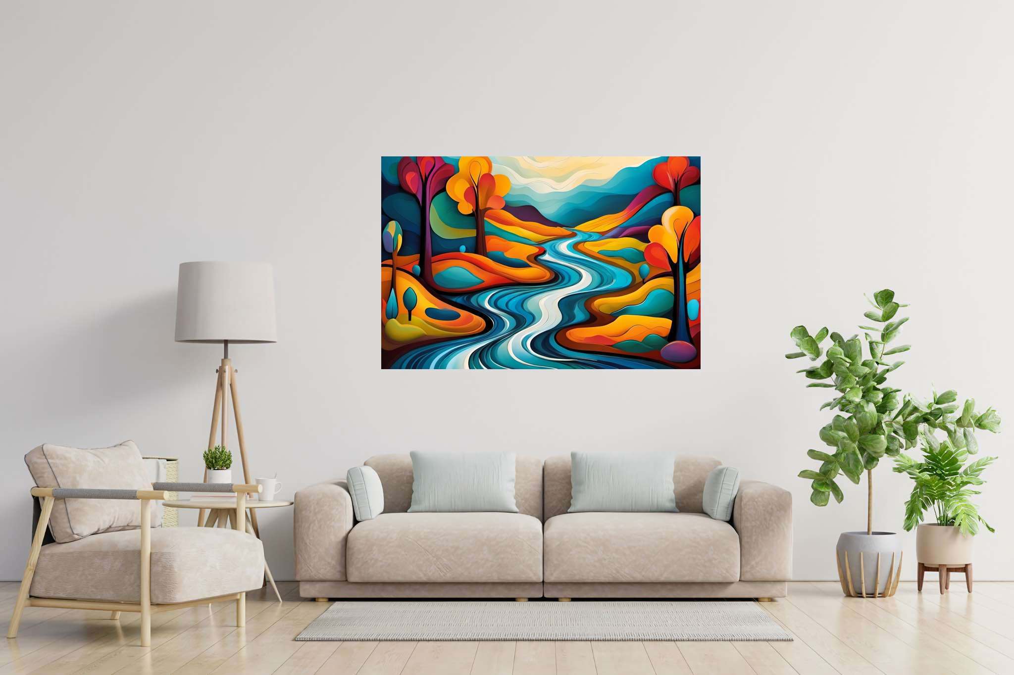 Serenity’s embrace: Scenery art with landscape painting, in a room with innovative layout, mural artworks, and stylish accessories. The art can be printed on poster, framed poster, canvas, metal, acrylic or wood, exclusively at WallArtZen. Find this exact print at https://wallartzen.com/waz312