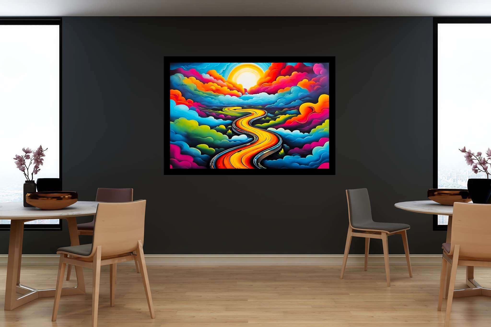 Dreamscape serenade: Whimsical landscape art with vibrant visuals, in a room with modern style, digital art pieces, and home furnishings. The art can be printed on poster, framed poster, canvas, metal, acrylic or wood, exclusively at WallArtZen. Find this exact print at https://wallartzen.com/waz313
