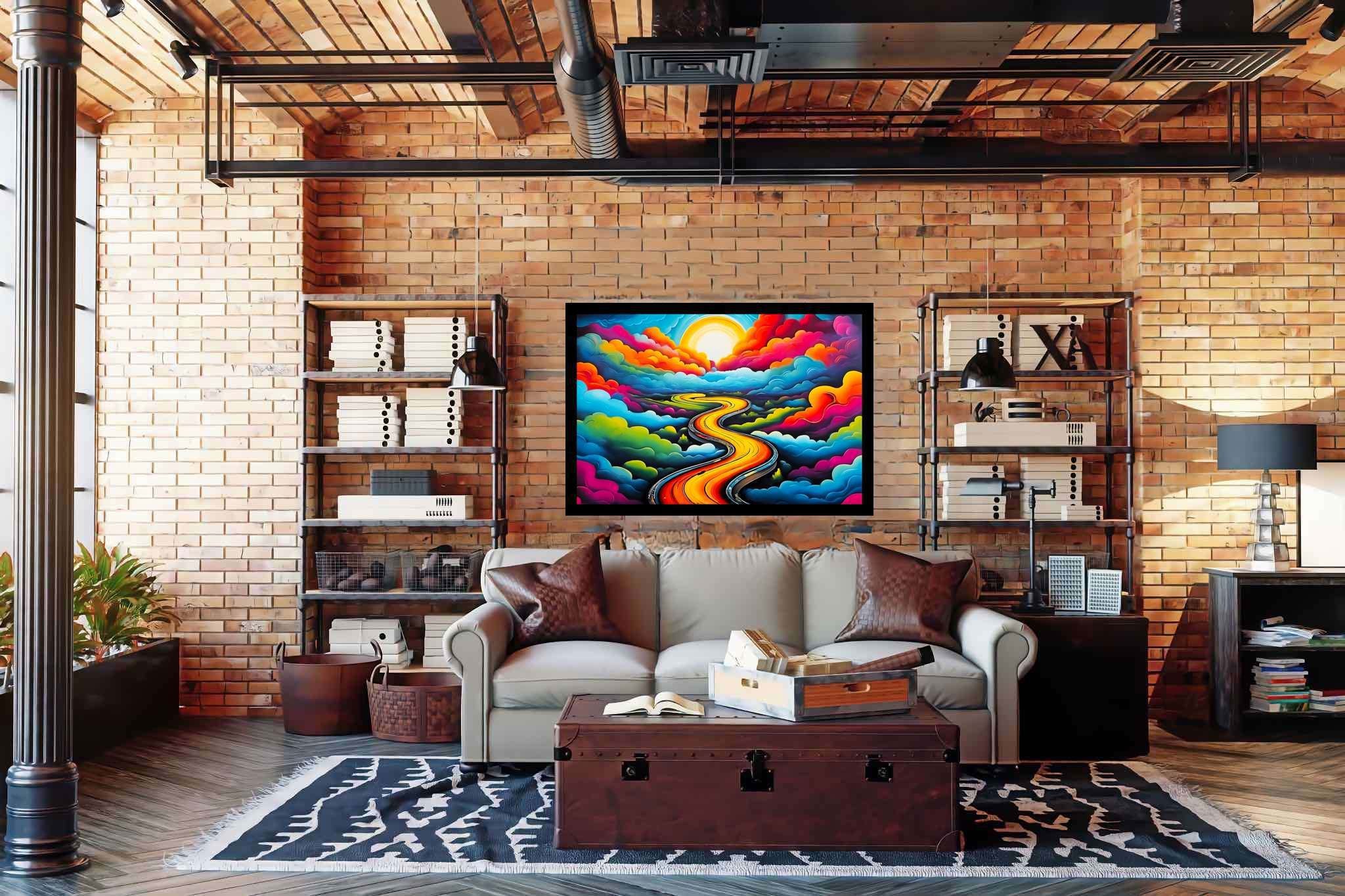 Dreamscape serenade: Whimsical landscape art with whimsical landscape art, in a room with artistic style, framed art, and home styling items. The art can be printed on poster, framed poster, canvas, metal, acrylic or wood, exclusively at WallArtZen. Find this exact print at https://wallartzen.com/waz313