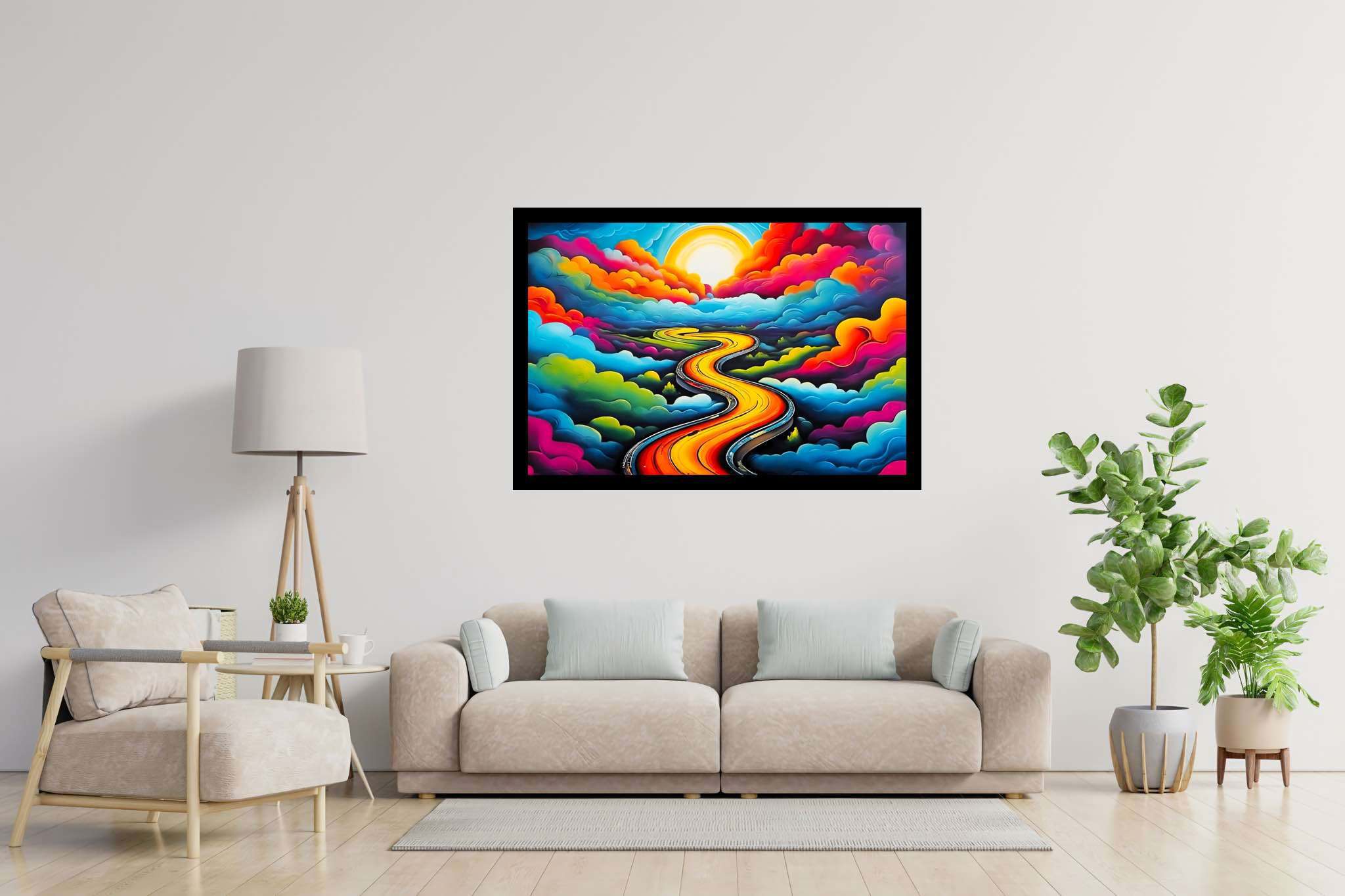 Dreamscape serenade: Whimsical landscape art with whimsical artwork, in a room with modern style, photographic wall art, and interior decorations. The art can be printed on poster, framed poster, canvas, metal, acrylic or wood, exclusively at WallArtZen. Find this exact print at https://wallartzen.com/waz313