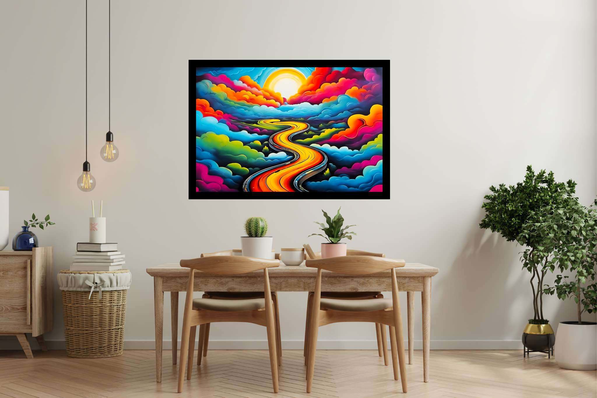 Dreamscape serenade: Whimsical landscape art with magical landscapes, in a room with minimalist approach, gallery-quality artwork, and home styling items. The art can be printed on poster, framed poster, canvas, metal, acrylic or wood, exclusively at WallArtZen. Find this exact print at https://wallartzen.com/waz313