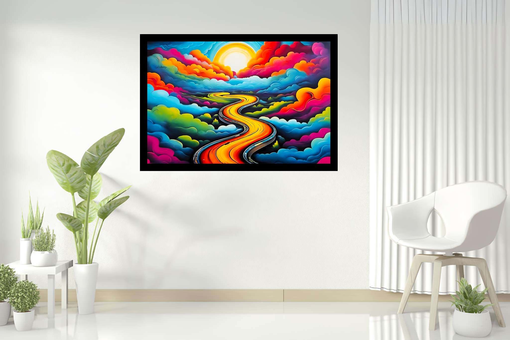 Dreamscape serenade: Whimsical landscape art with vibrant visuals, in a room with chic decor, bespoke art designs, and stylish accessories. The art can be printed on poster, framed poster, canvas, metal, acrylic or wood, exclusively at WallArtZen. Find this exact print at https://wallartzen.com/waz313