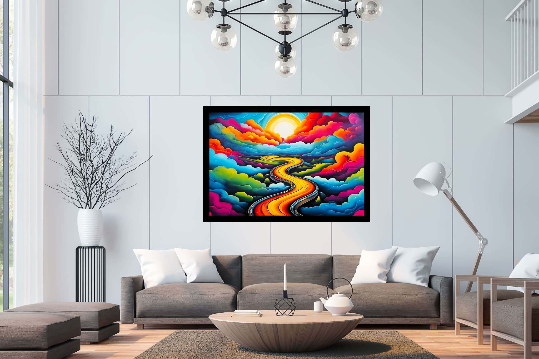 Dreamscape serenade: Whimsical landscape art with vibrant visuals, in a room with minimalist approach, digital art pieces, and interior decorations. The art can be printed on poster, framed poster, canvas, metal, acrylic or wood, exclusively at WallArtZen. Find this exact print at https://wallartzen.com/waz313