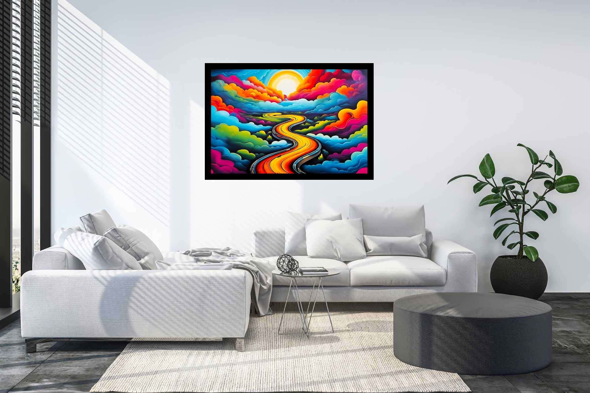 Dreamscape serenade: Whimsical landscape art with whimsical nature scenes, in a room with elegant layout, mural artworks, and home furnishings. The art can be printed on poster, framed poster, canvas, metal, acrylic or wood, exclusively at WallArtZen. Find this exact print at https://wallartzen.com/waz313