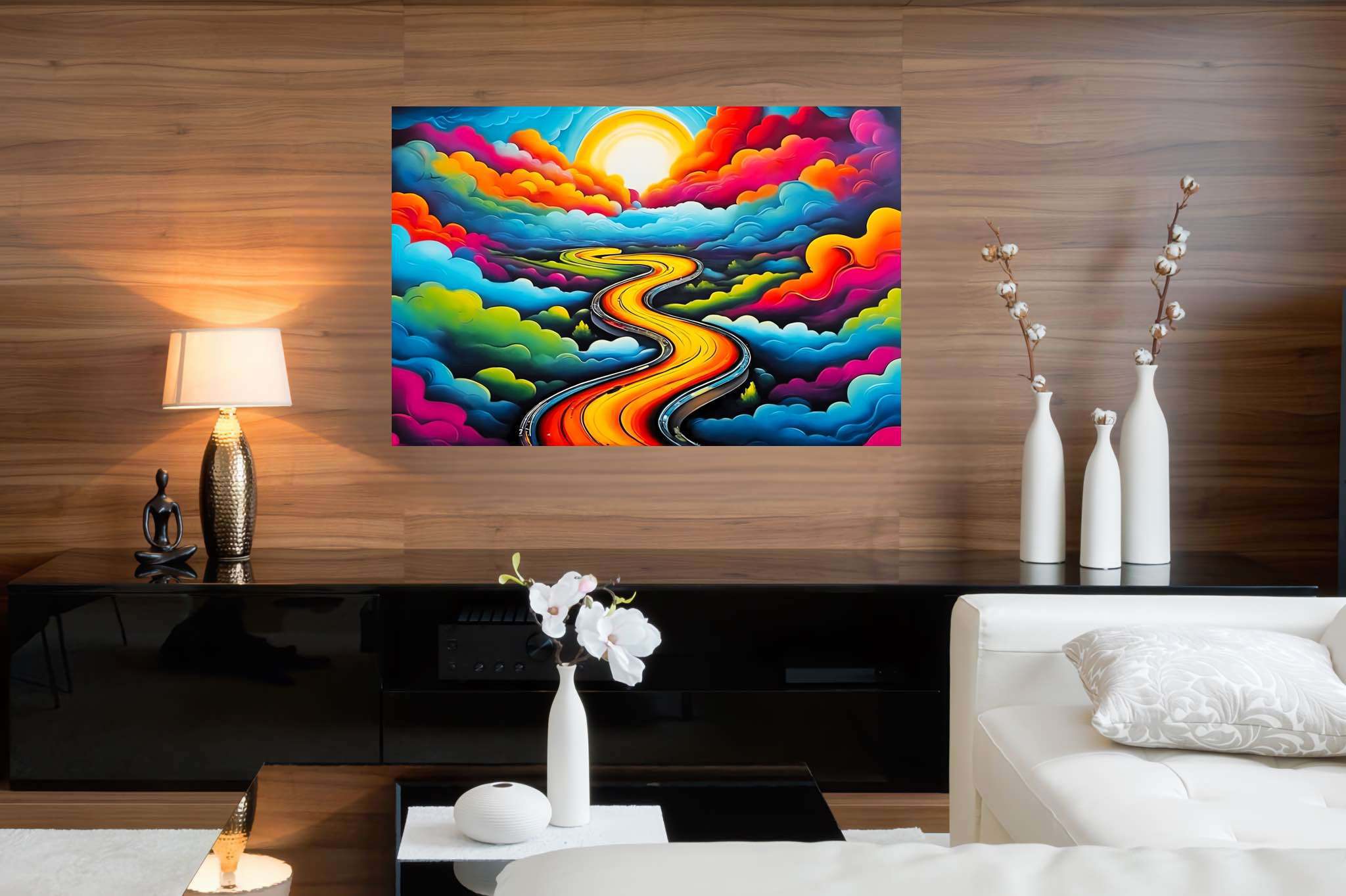 Dreamscape serenade: Whimsical landscape art with enchanting scenery, in a room with innovative layout, wall hangings, and artisan decor. The art can be printed on poster, framed poster, canvas, metal, acrylic or wood, exclusively at WallArtZen. Find this exact print at https://wallartzen.com/waz313