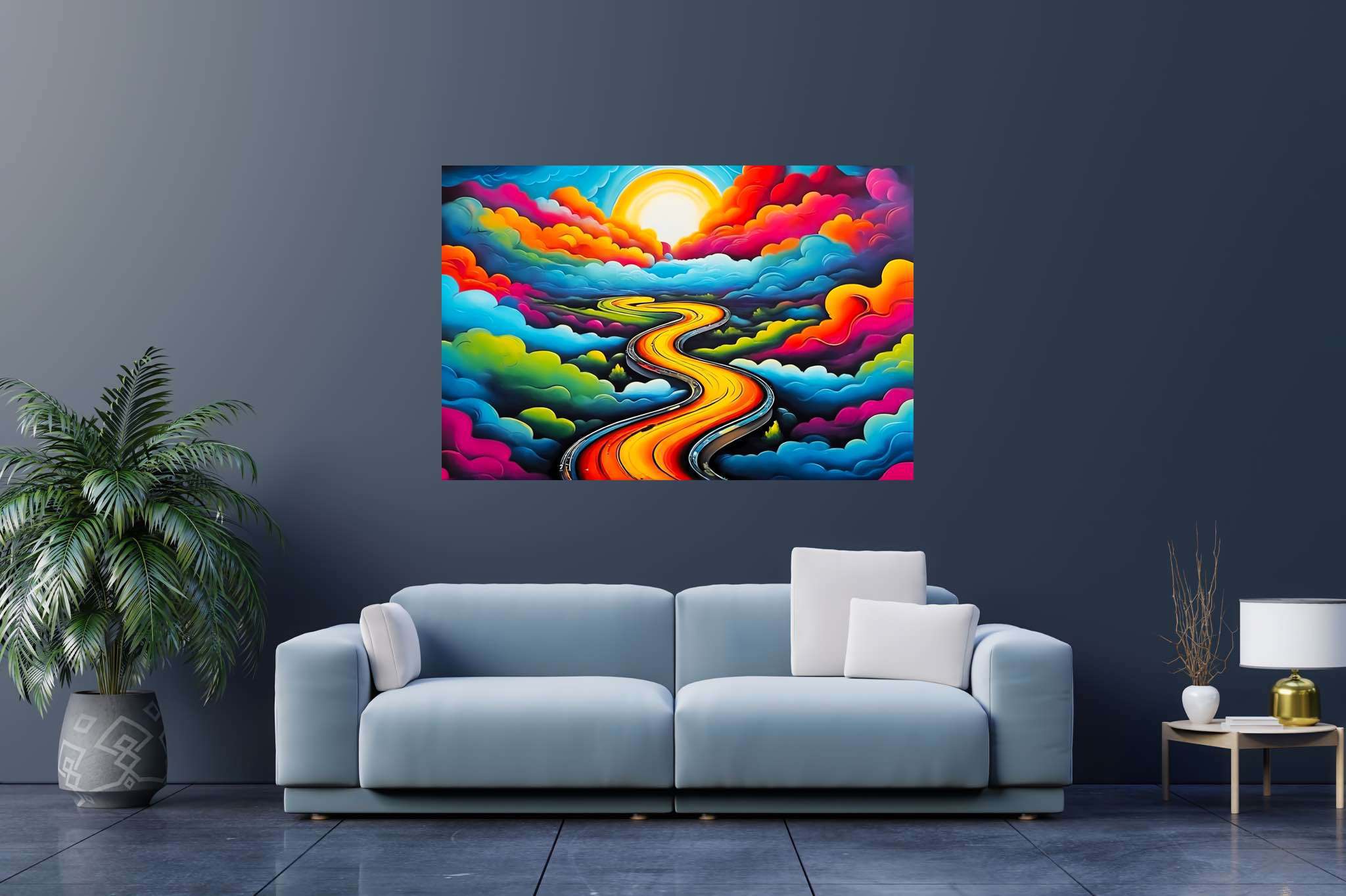 Dreamscape serenade: Whimsical landscape art with dreamy landscapes, in a room with elegant layout, canvas prints, and designer furniture. The art can be printed on poster, framed poster, canvas, metal, acrylic or wood, exclusively at WallArtZen. Find this exact print at https://wallartzen.com/waz313