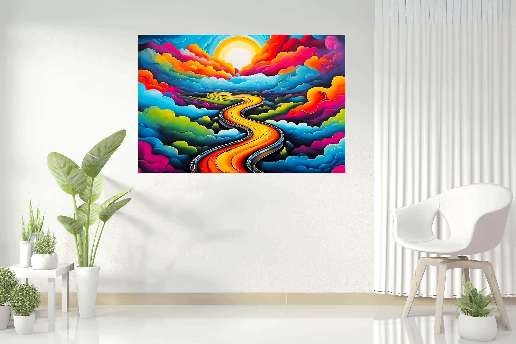 Dreamscape serenade: Whimsical landscape art with whimsical landscape art, in a room with classic elegance, photographic wall art, and home furnishings. The art can be printed on poster, framed poster, canvas, metal, acrylic or wood, exclusively at WallArtZen. Find this exact print at https://wallartzen.com/waz313