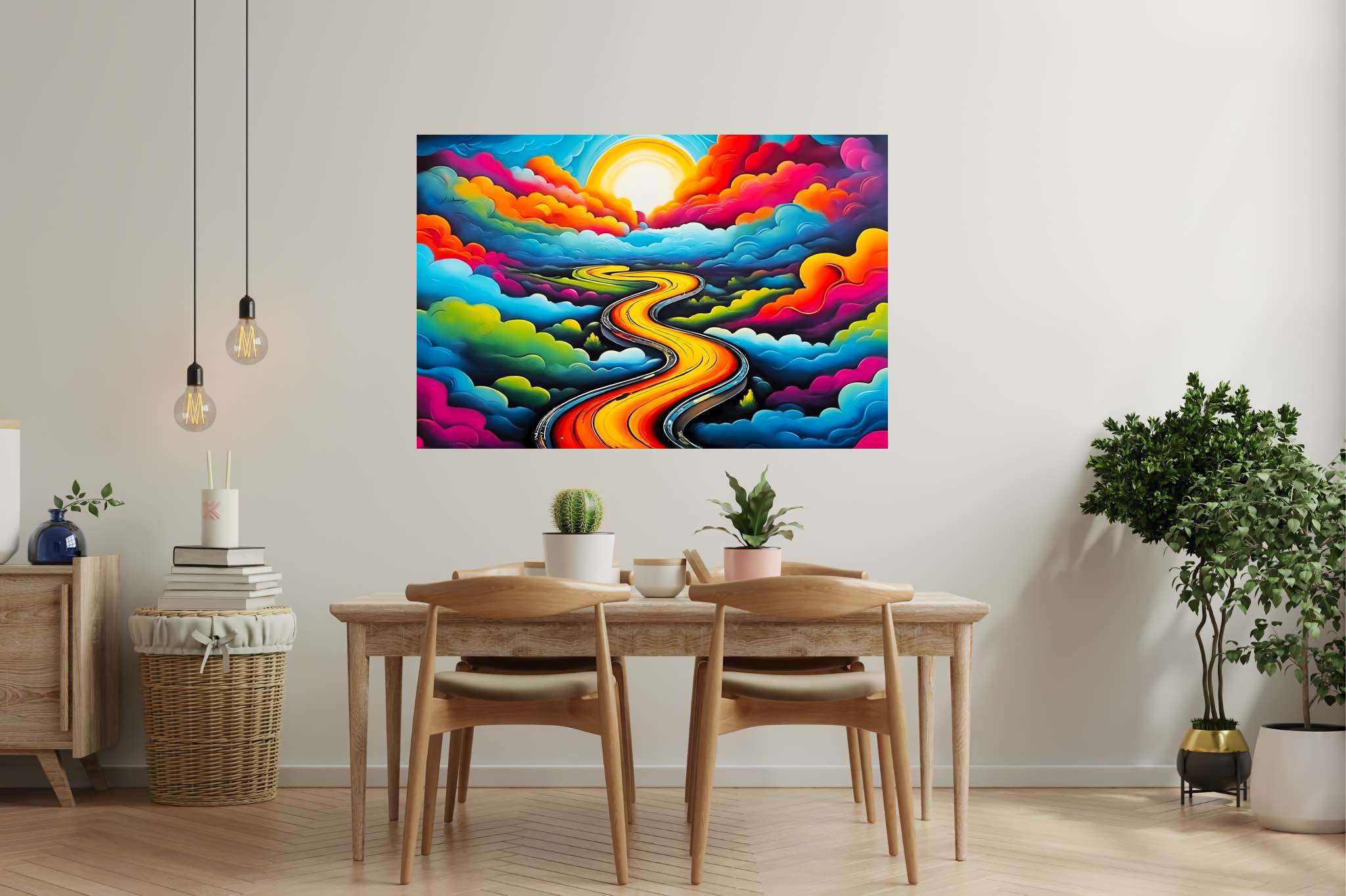 Dreamscape serenade: Whimsical landscape art with fantastical paintings, in a room with chic decor, canvas prints, and home styling items. The art can be printed on poster, framed poster, canvas, metal, acrylic or wood, exclusively at WallArtZen. Find this exact print at https://wallartzen.com/waz313