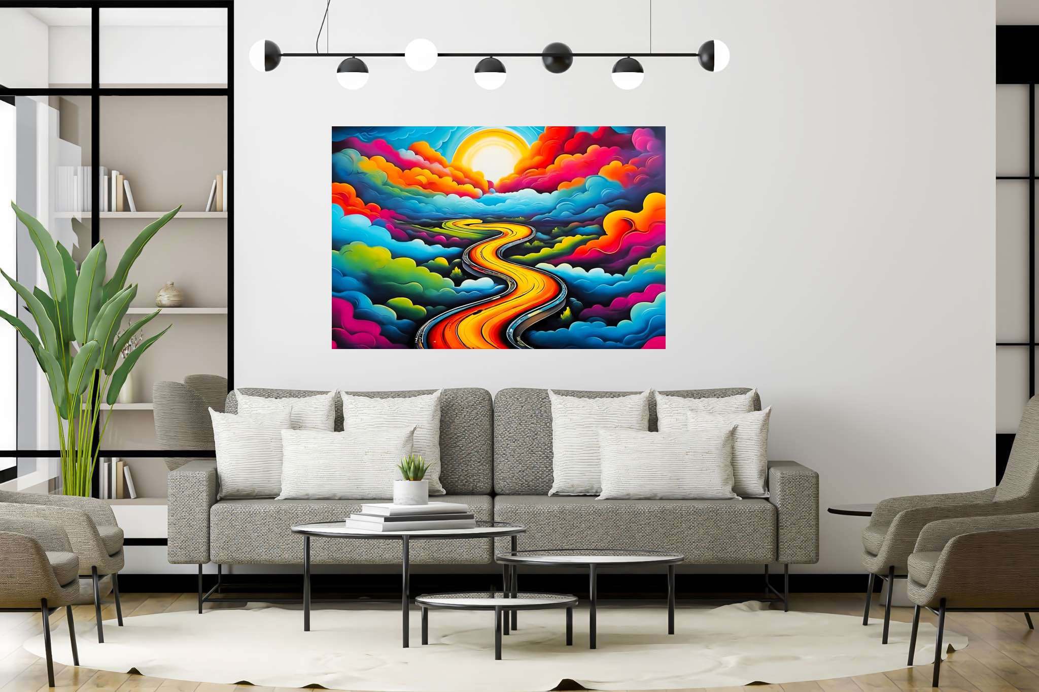 Dreamscape serenade: Whimsical landscape art with ethereal scenes, in a room with modern style, wall hangings, and stylish accessories. The art can be printed on poster, framed poster, canvas, metal, acrylic or wood, exclusively at WallArtZen. Find this exact print at https://wallartzen.com/waz313