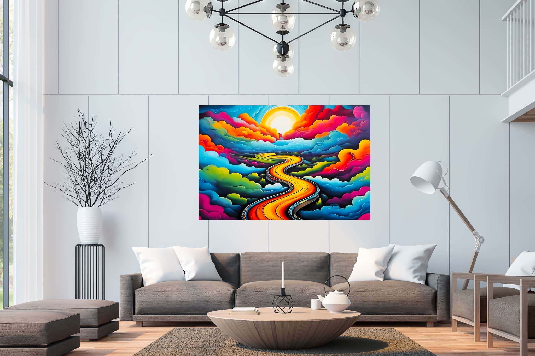 Dreamscape serenade: Whimsical landscape art with whimsical nature scenes, in a room with modern style, digital art pieces, and luxe decor. The art can be printed on poster, framed poster, canvas, metal, acrylic or wood, exclusively at WallArtZen. Find this exact print at https://wallartzen.com/waz313