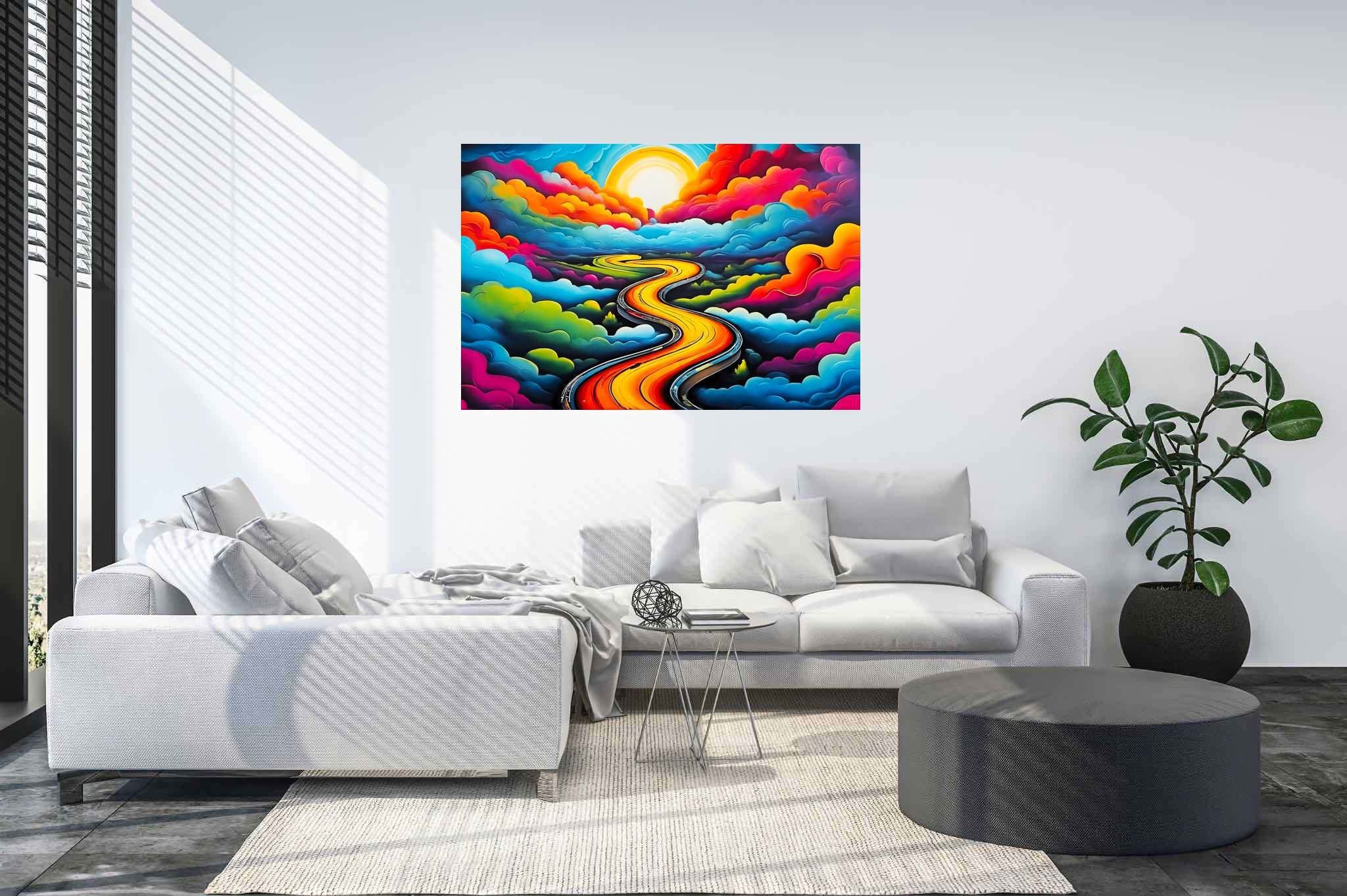 Dreamscape serenade: Whimsical landscape art with vibrant visuals, in a room with contemporary flair, wall art, and stylish accessories. The art can be printed on poster, framed poster, canvas, metal, acrylic or wood, exclusively at WallArtZen. Find this exact print at https://wallartzen.com/waz313
