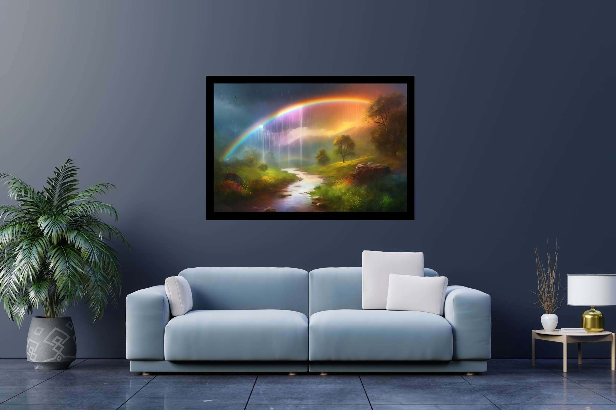 Rainbow mist ballet: Serene waterfall art with peaceful waterfall print, in a room with elegant layout, digital art pieces, and interior decorations. The art can be printed on poster, framed poster, canvas, metal, acrylic or wood, exclusively at WallArtZen. Find this exact print at https://wallartzen.com/waz314