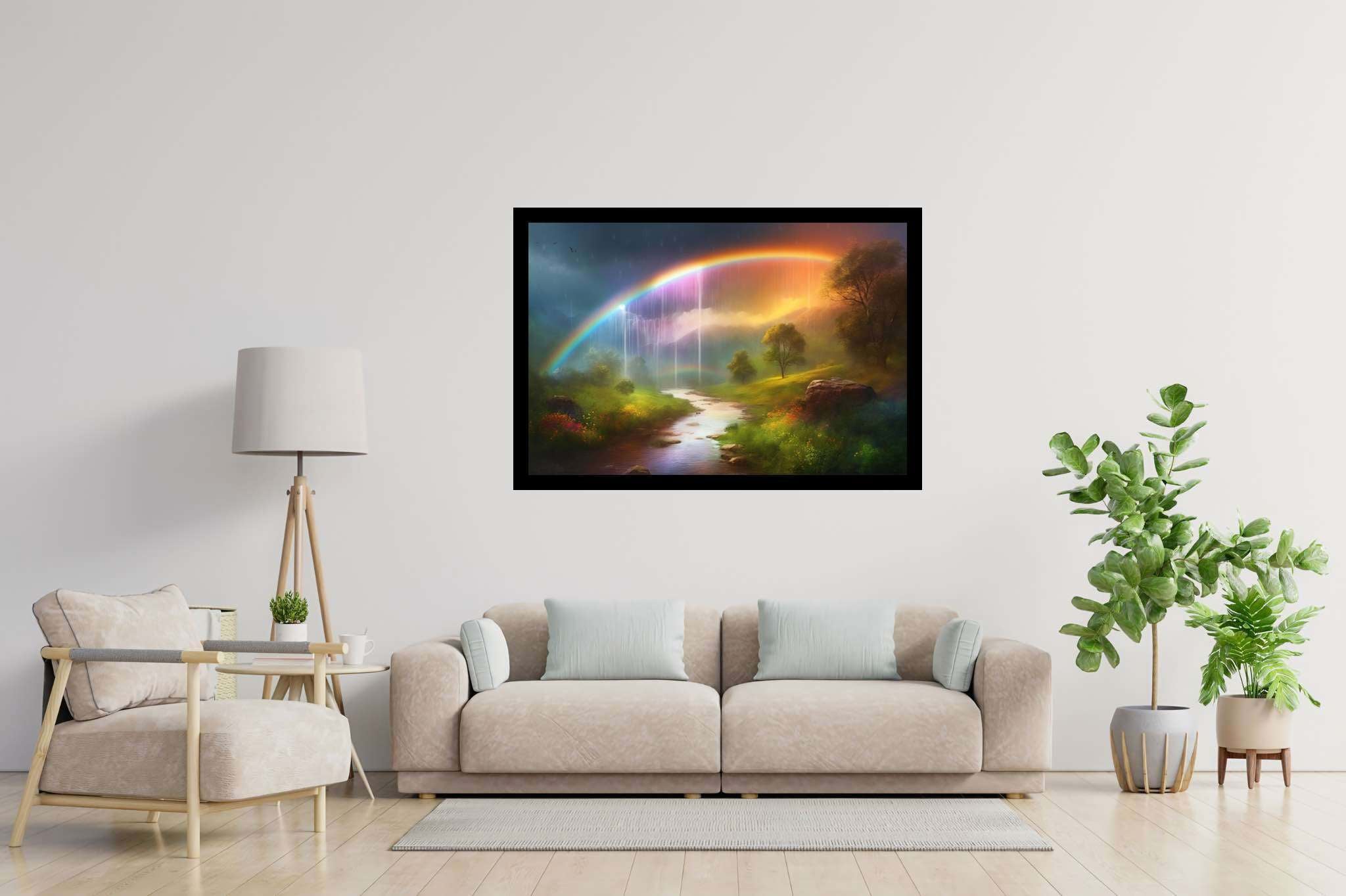 Rainbow mist ballet: Serene waterfall art with tranquil waterfall illustration, in a room with urban design, mural artworks, and trendy home accents. The art can be printed on poster, framed poster, canvas, metal, acrylic or wood, exclusively at WallArtZen. Find this exact print at https://wallartzen.com/waz314
