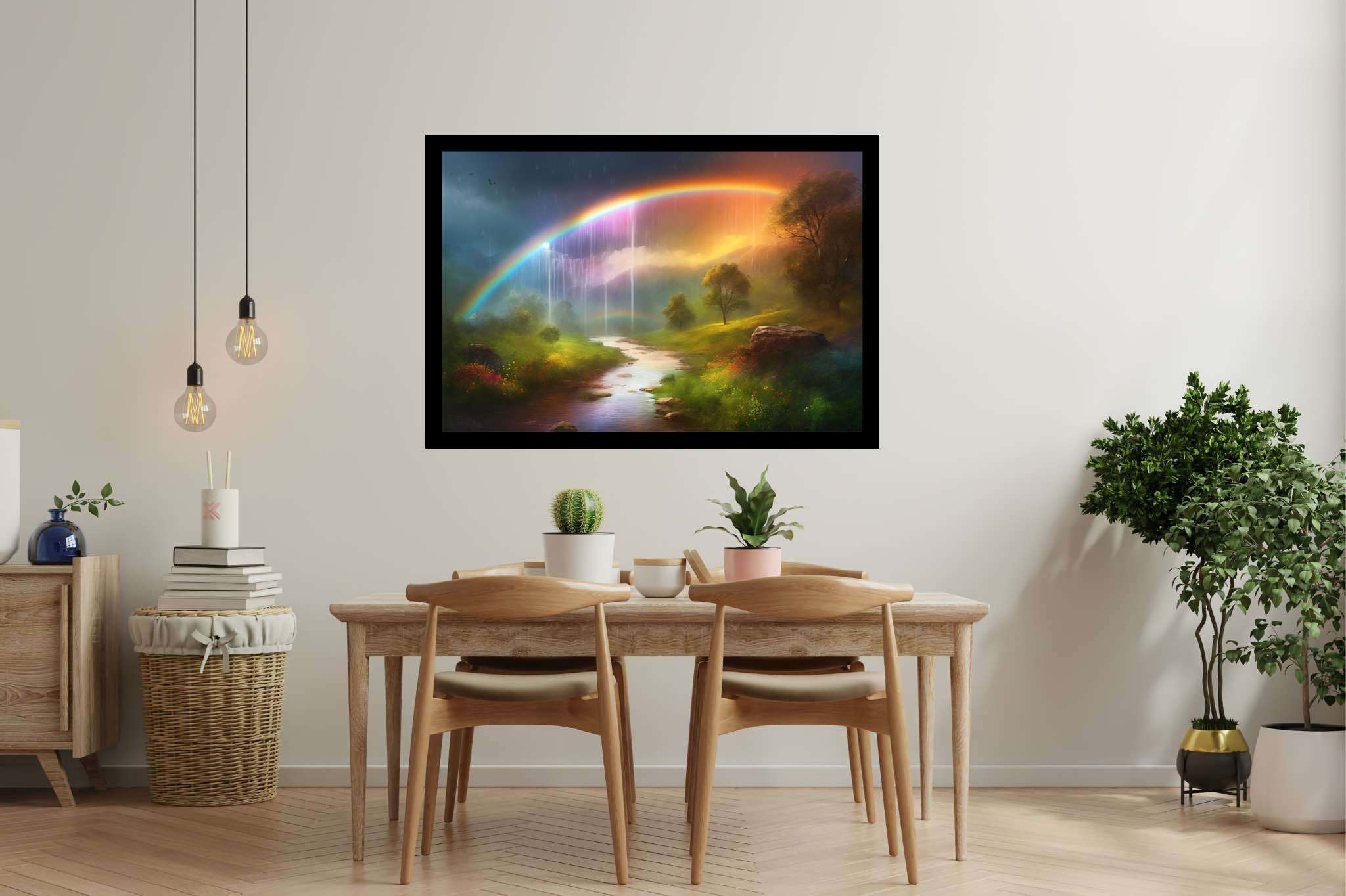 Rainbow mist ballet: Serene waterfall art with tranquil nature scene, in a room with great design, bespoke art designs, and elegant home goods. The art can be printed on poster, framed poster, canvas, metal, acrylic or wood, exclusively at WallArtZen. Find this exact print at https://wallartzen.com/waz314