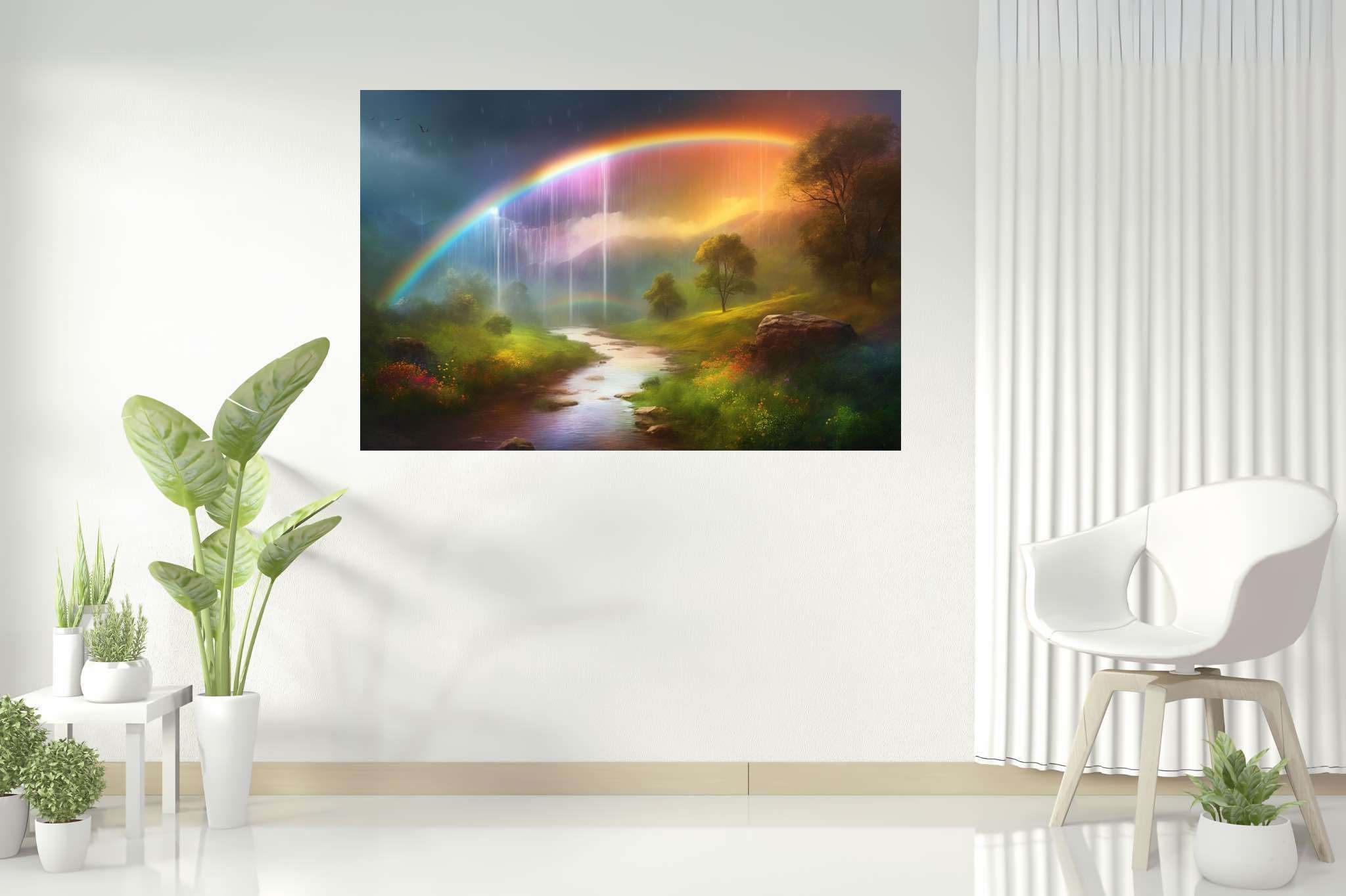 Rainbow mist ballet: Serene waterfall art with calming nature painting, in a room with elegant layout, canvas prints, and home styling items. The art can be printed on poster, framed poster, canvas, metal, acrylic or wood, exclusively at WallArtZen. Find this exact print at https://wallartzen.com/waz314